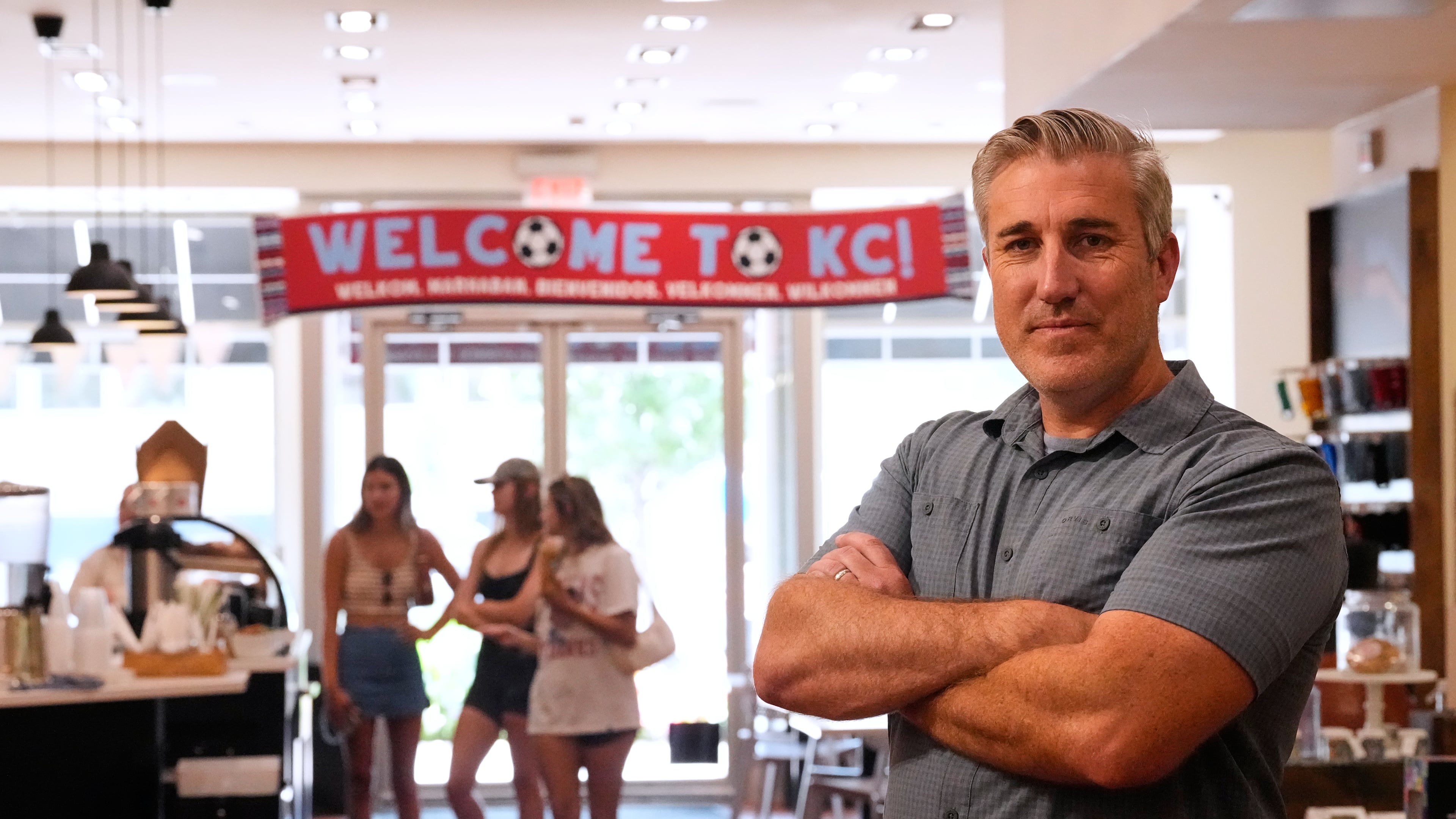 Made in Kansas City owner Keith Bradley has seen an influx of customers for his business as soccer fans have flocked to the city which is hosting FIFA World Cup soccer games Monday, June 29, 2026, in Kansas City, Kan. (AP Photo/Charlie Riedel)