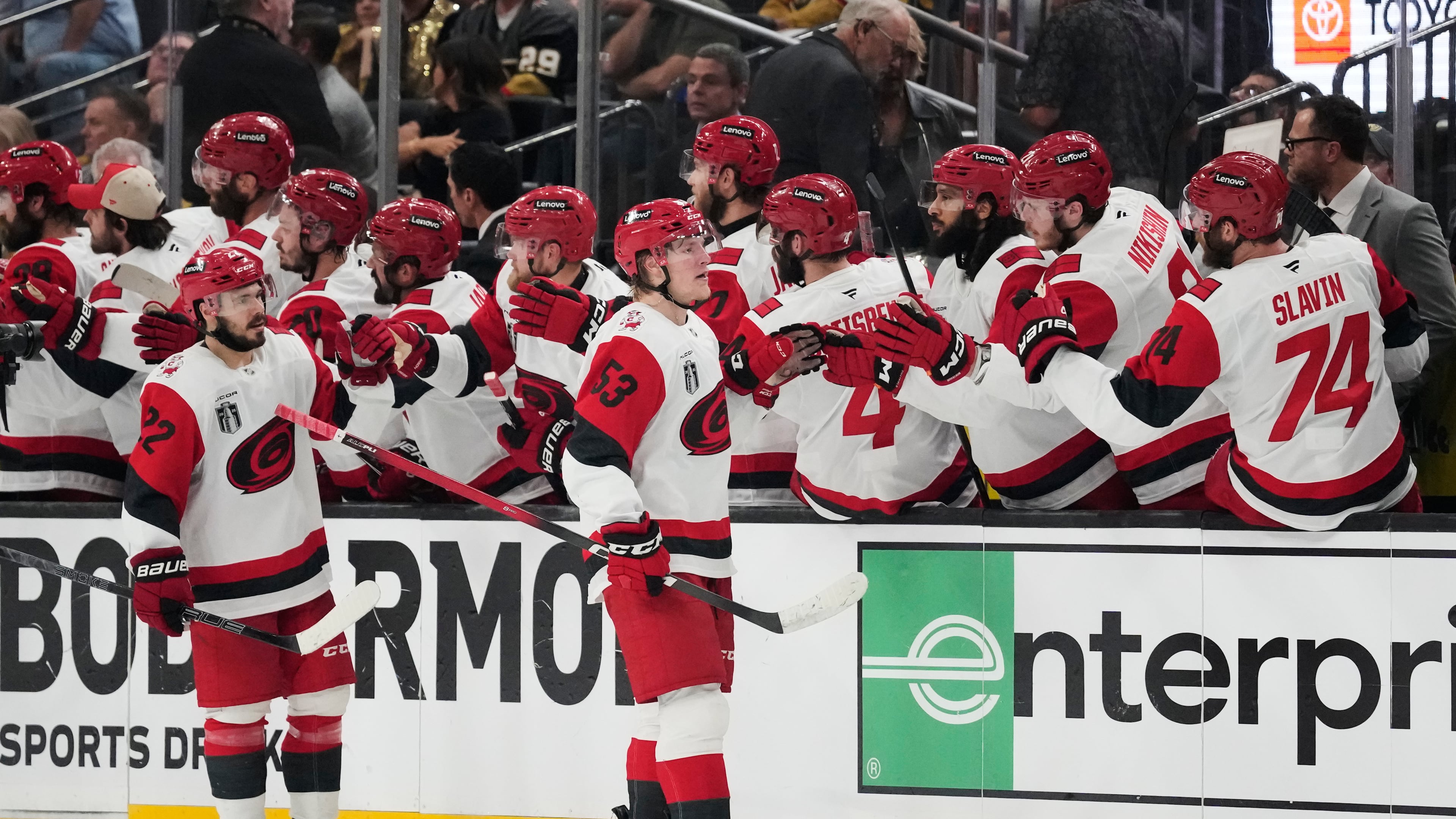 Carolina Hurricanes right wing Jackson Blake (53) celebrates his goal with teammates during the second period in Game 6 of the NHL hockey Stanley Cup Final series against the Vegas Golden Knights, Sunday, June 14, 2026, in Las Vegas. (AP Photo/John Locher)