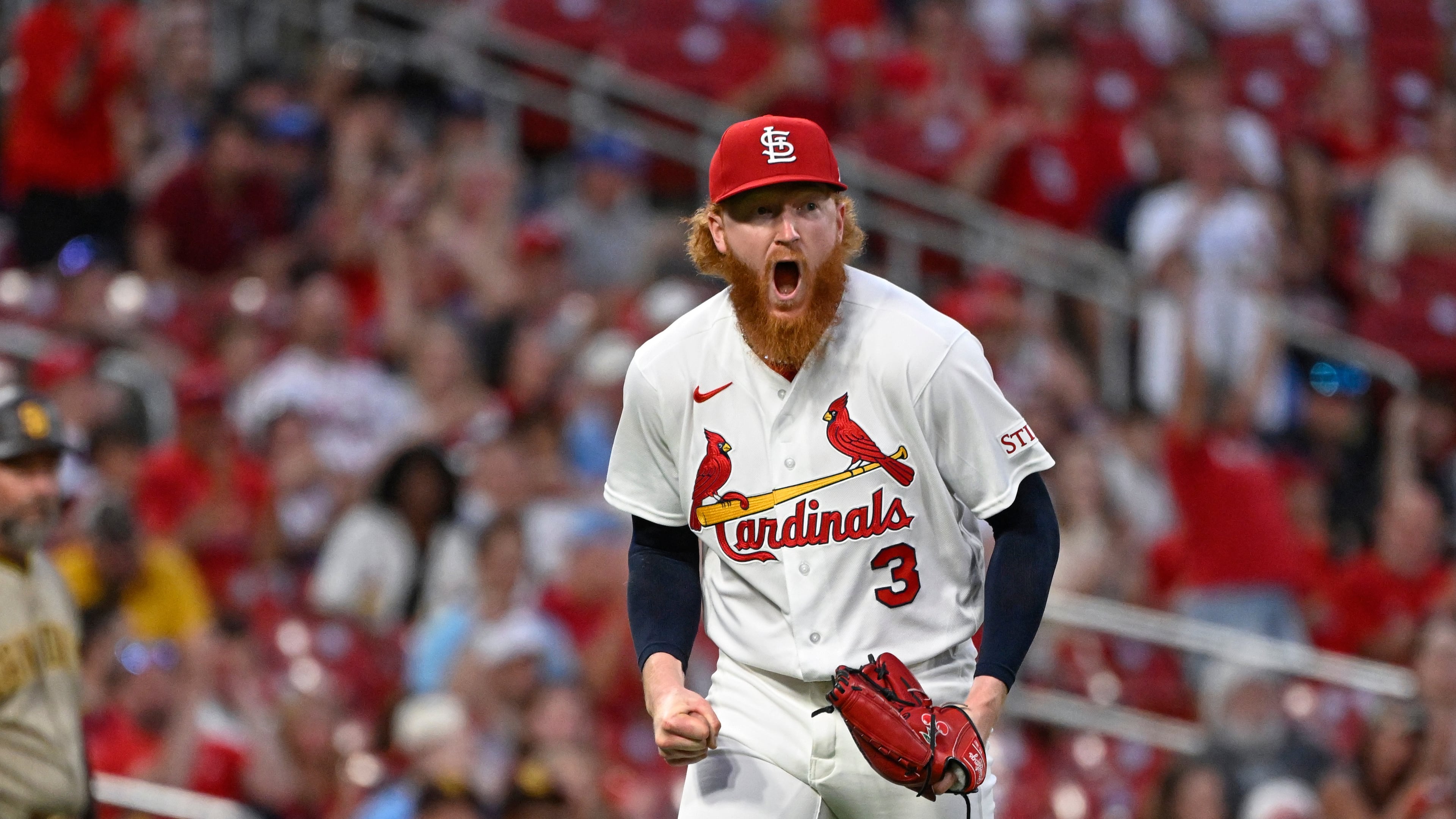 St. Louis Cardinals starting pitcher Dustin May celebrates after San Diego Padres' Gavin Sheets grounded into a double play to end the top of the seventh inning of a baseball game, Monday, June 15, 2026, in St. Louis. (AP Photo/Joe Puetz)