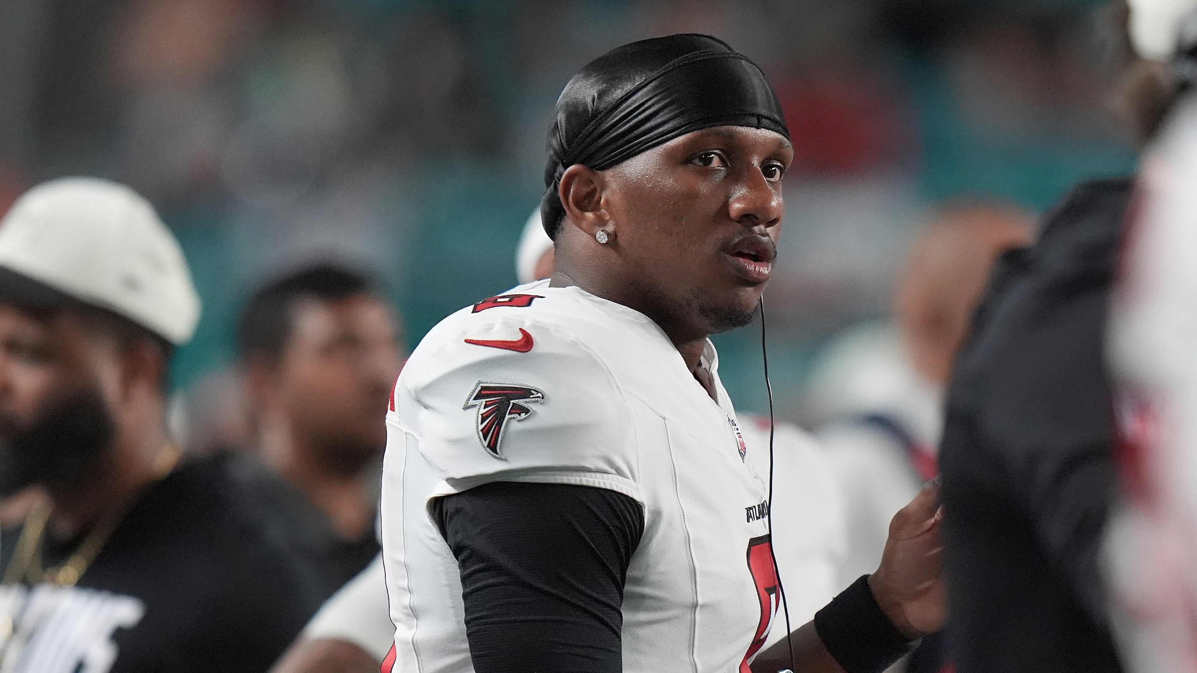 Atlanta Falcons quarterback Michael Penix Jr. stands on the sideline during the second half of an NFL preseason football game against the Miami Dolphins, Friday, Aug. 28, 2026, in Miami Gardens, Fla. (AP Photo/Lynne Sladky)