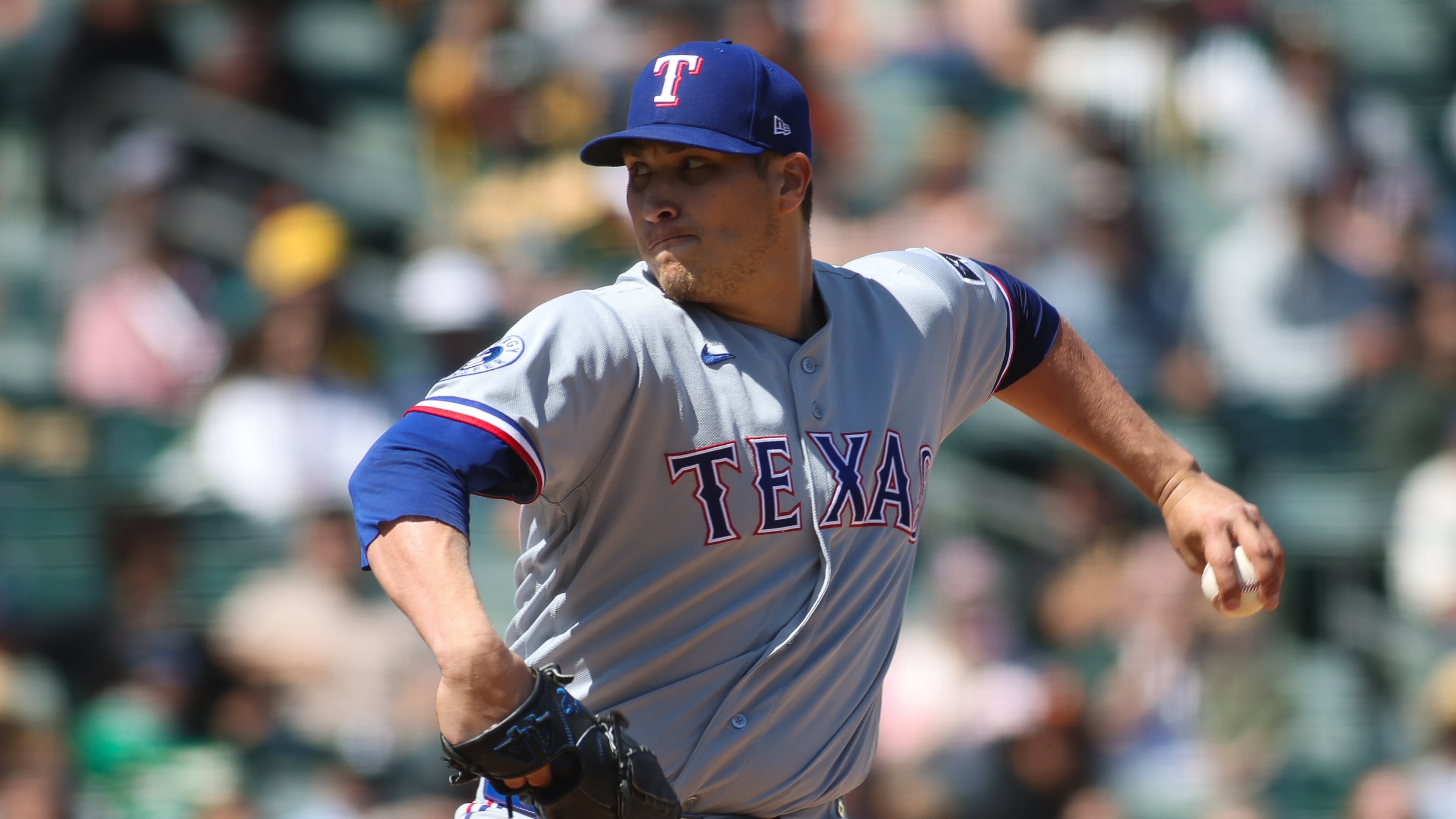 Texas Rangers pitcher Robert Garcia throws to an Athletics batter during the sixth inning of a baseball game Thursday, April 16, 2026, in West Sacramento, Calif. (AP Photo/Scott Marshall)