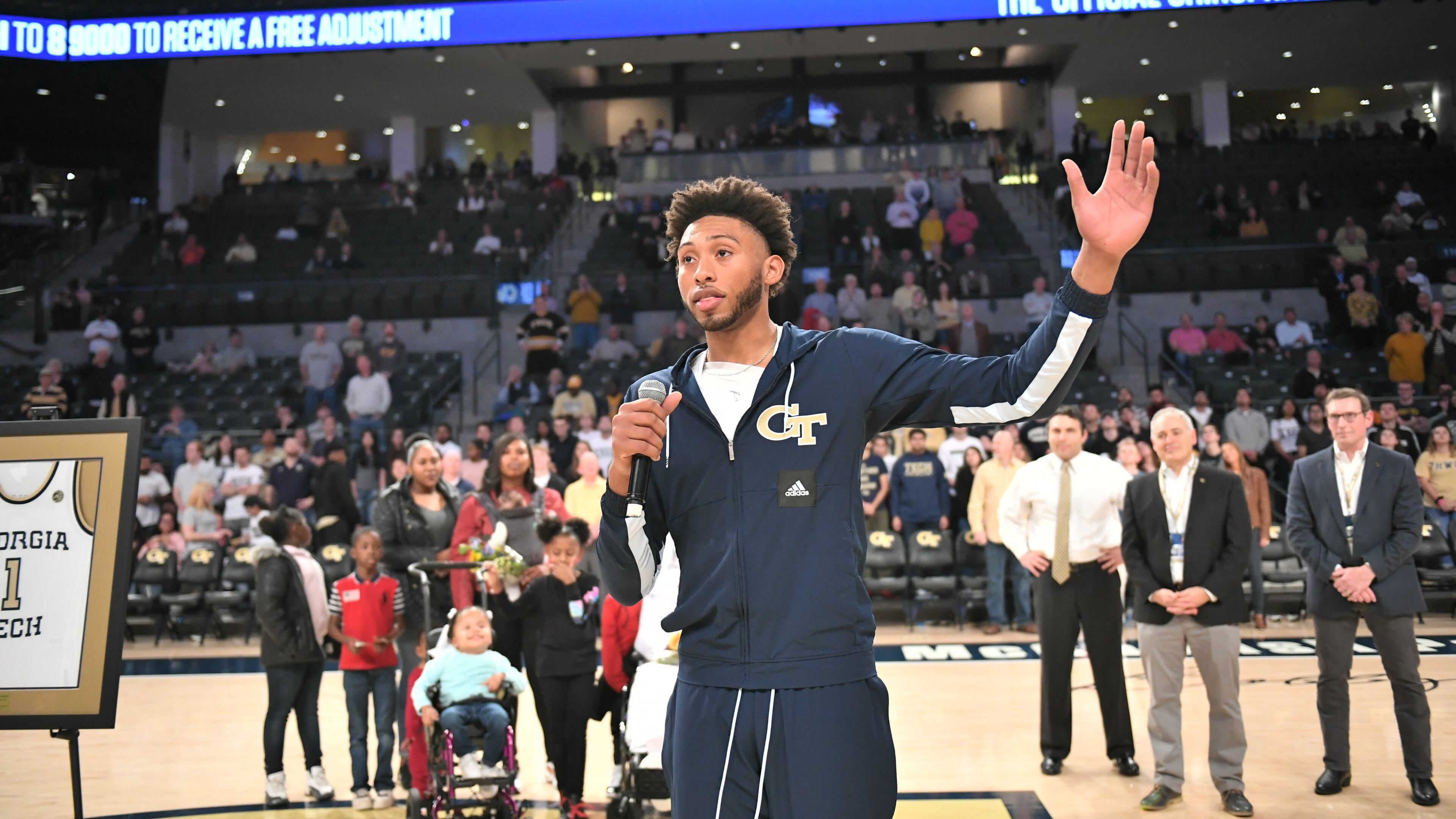 Georgia Tech center James Banks addresses the McCamish Pavilion crowd on the team's senior night March 5, 2020. (Danny Karnik/Georgia Tech Athletics)
