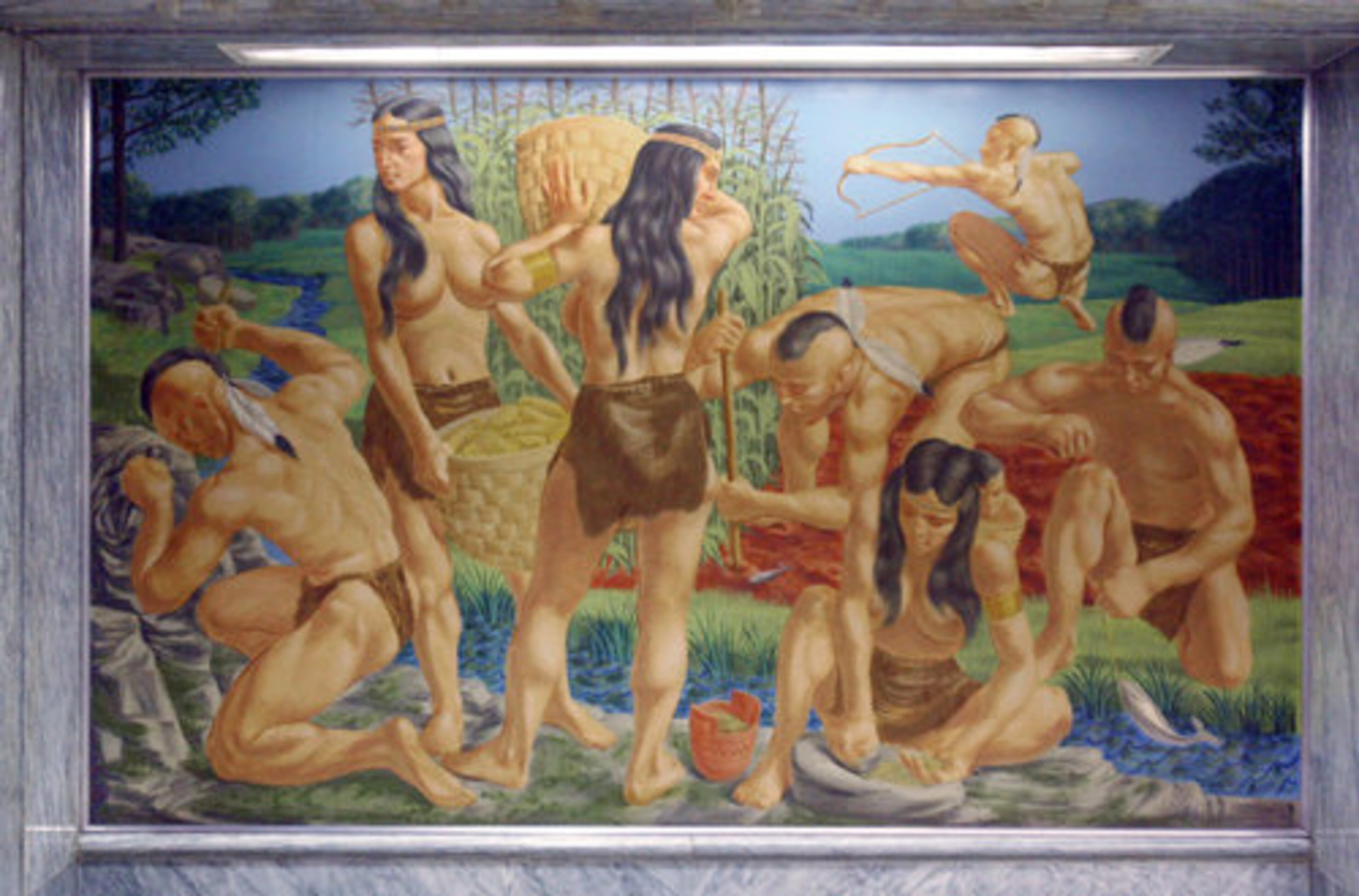 There are four murals in the lobby, including the one at the reception desk. Two represent Native American and Colonial times; two depict slavery.