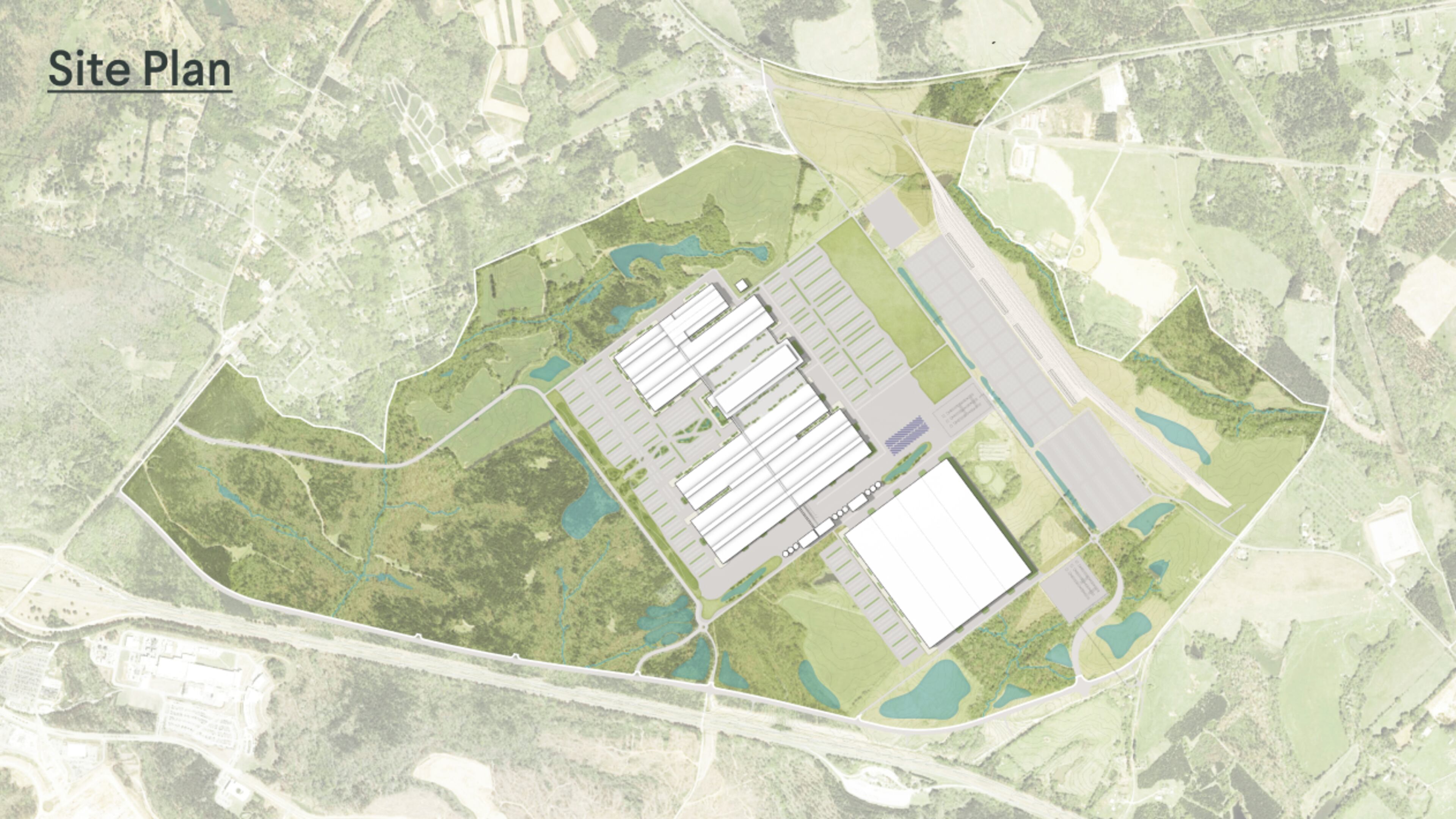 A map shows the site plan for Rivian's future EV manufacturing campus in Georgia. The company has agreed to leave more than 50% of the site's acreage unpaved.