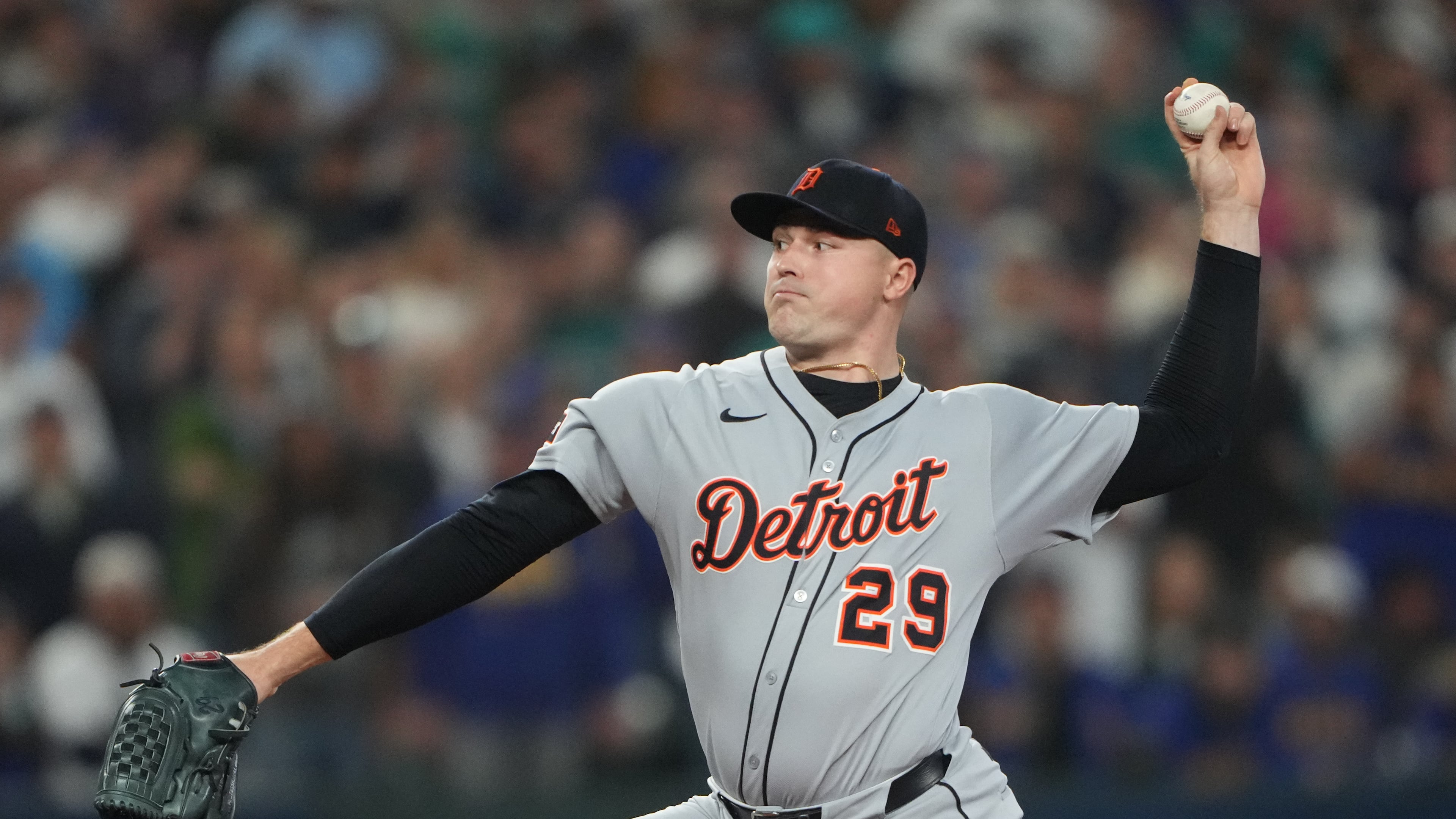 FILE - Detroit Tigers pitcher Tarik Skubal throws during the first inning in Game 5 of baseball's American League Division Series against the Seattle Mariners, Oct. 10, 2025, in Seattle. (AP Photo/Lindsey Wasson, File)