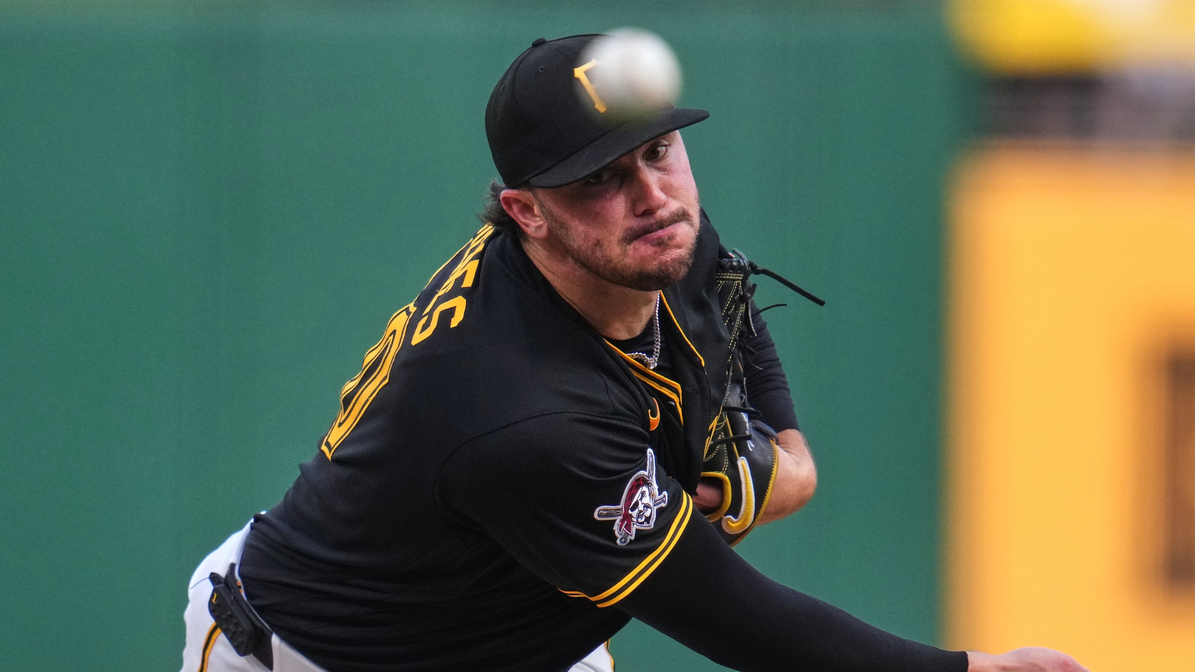 Pittsburgh Pirates pitcher Paul Skenes delivers during the second inning of a baseball game against the Los Angeles Dodgers in Pittsburgh, Tuesday, June 9, 2026. (AP Photo/Gene J. Puskar)