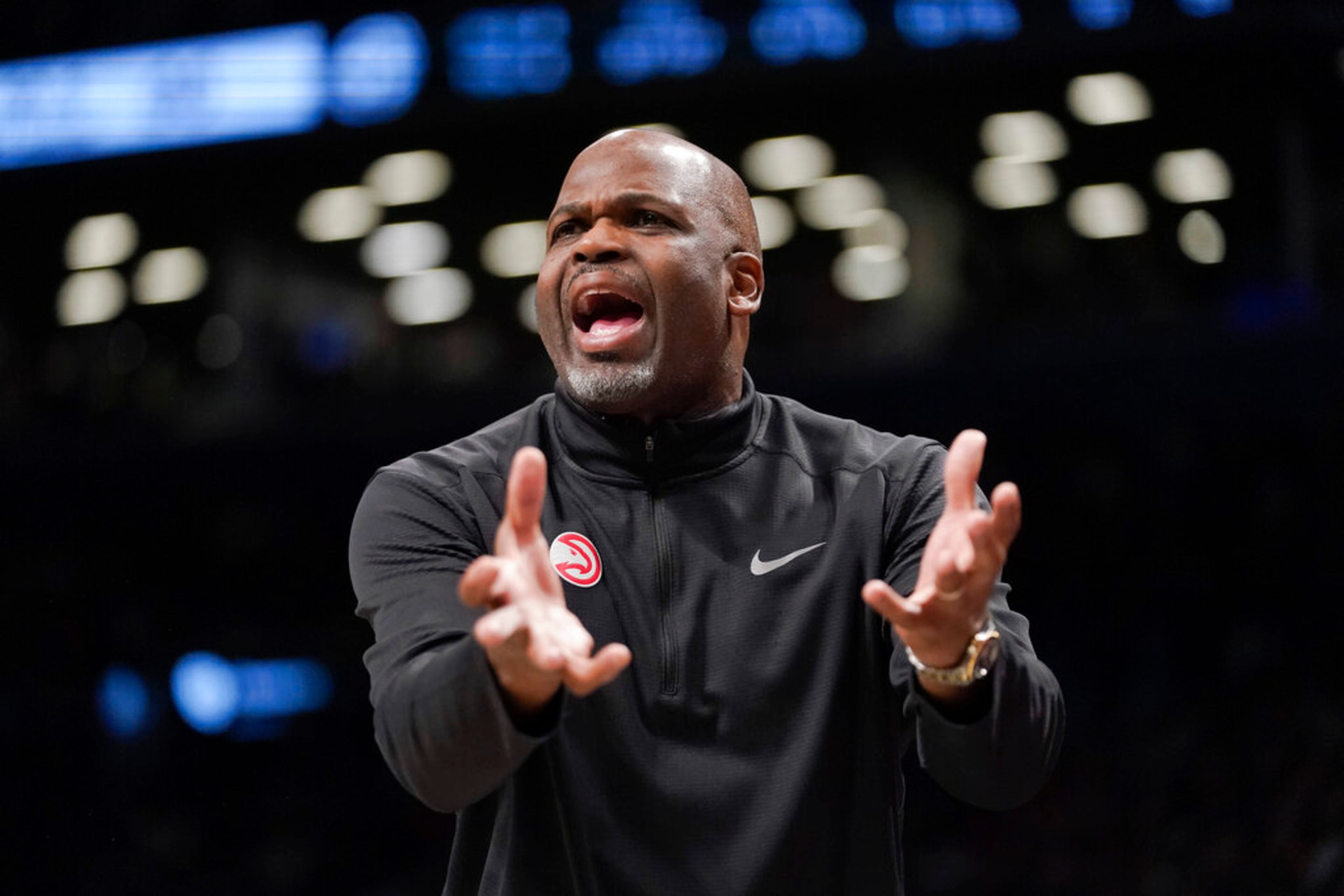 Atlanta Hawks coach Nate McMillan reacts during the second half of the team's NBA basketball game against the Brooklyn Nets, Friday, Dec. 9, 2022, in New York. The Nets won 120-116. (AP Photo/Mary Altaffer)