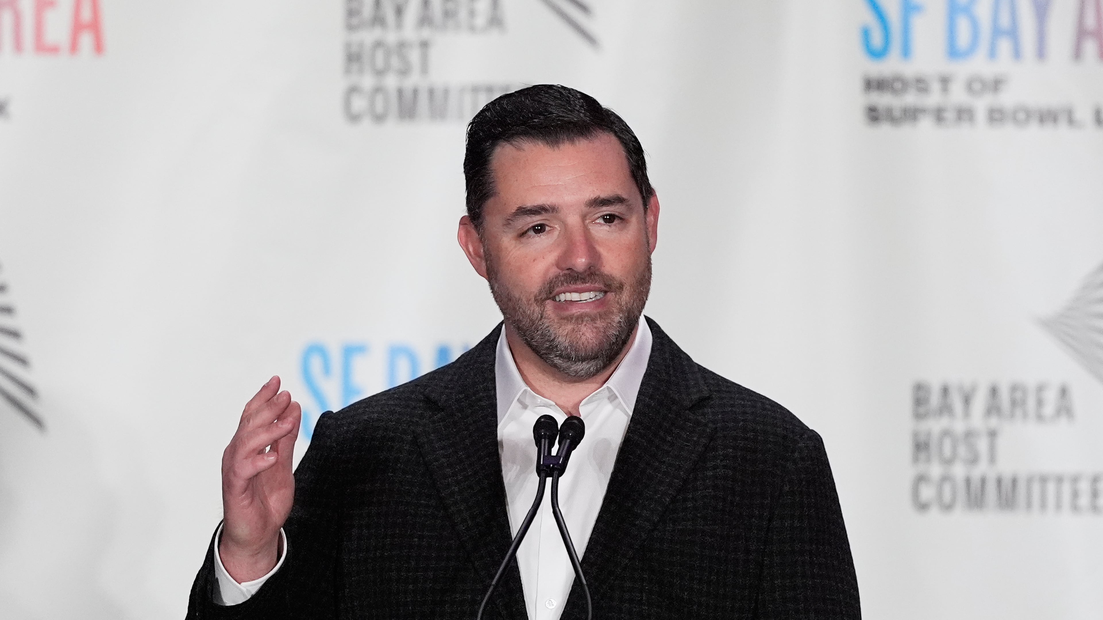 FILE - San Francisco 49ers team owner Jed York speaks at a news conference in San Francisco, Monday, Feb. 2, 2026. (AP Photo/Jeff Chiu, File)
