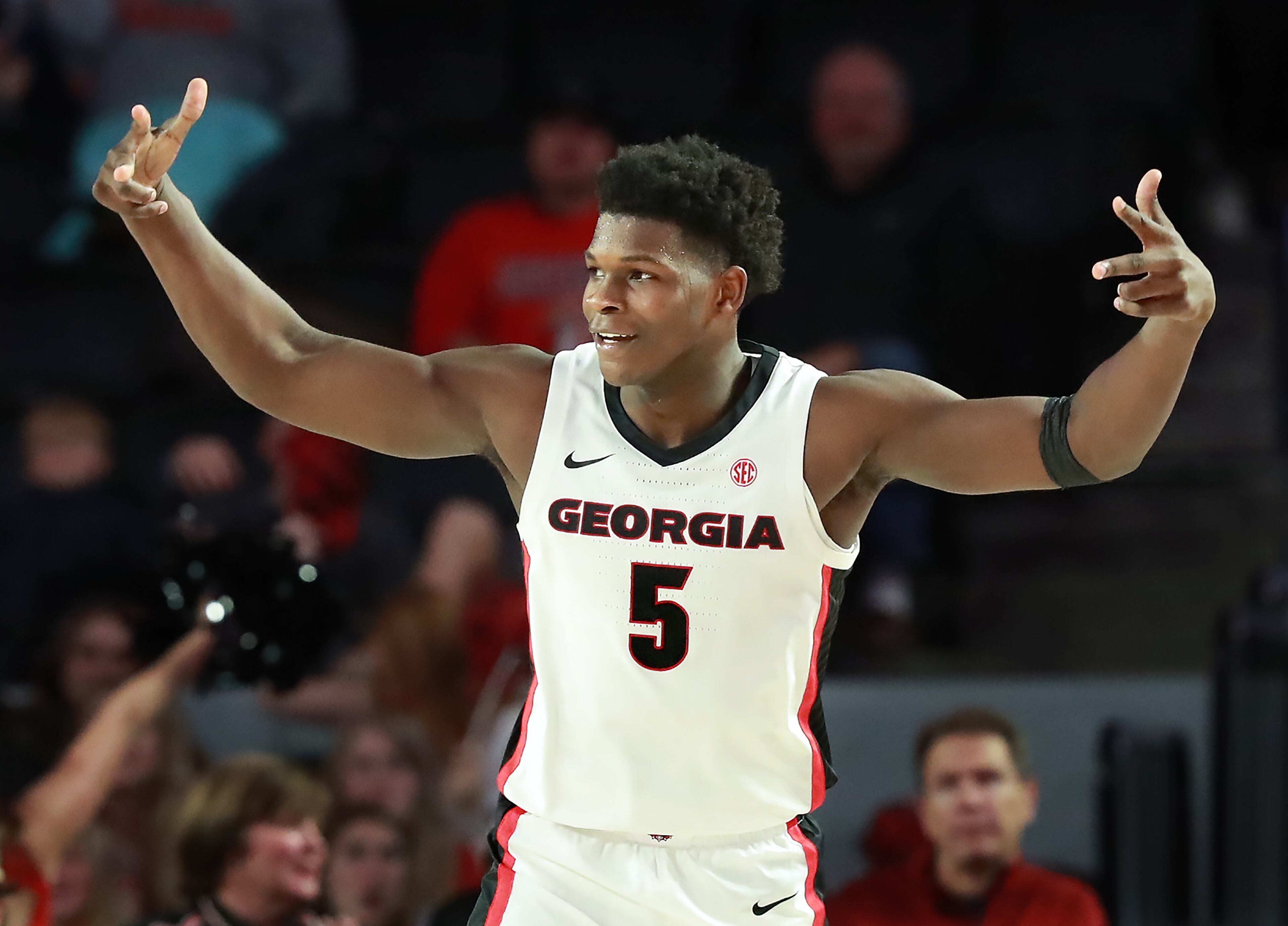Georgia freshman Anthony Ant-Man Edwards reacts to hitting back-to-back three pointers during the second half in a 95-86 victory over the Citadel in a NCAA college basketball game on Tuesday, November 12, 2019, in Athens. Curtis Compton/ccompton@ajc.com