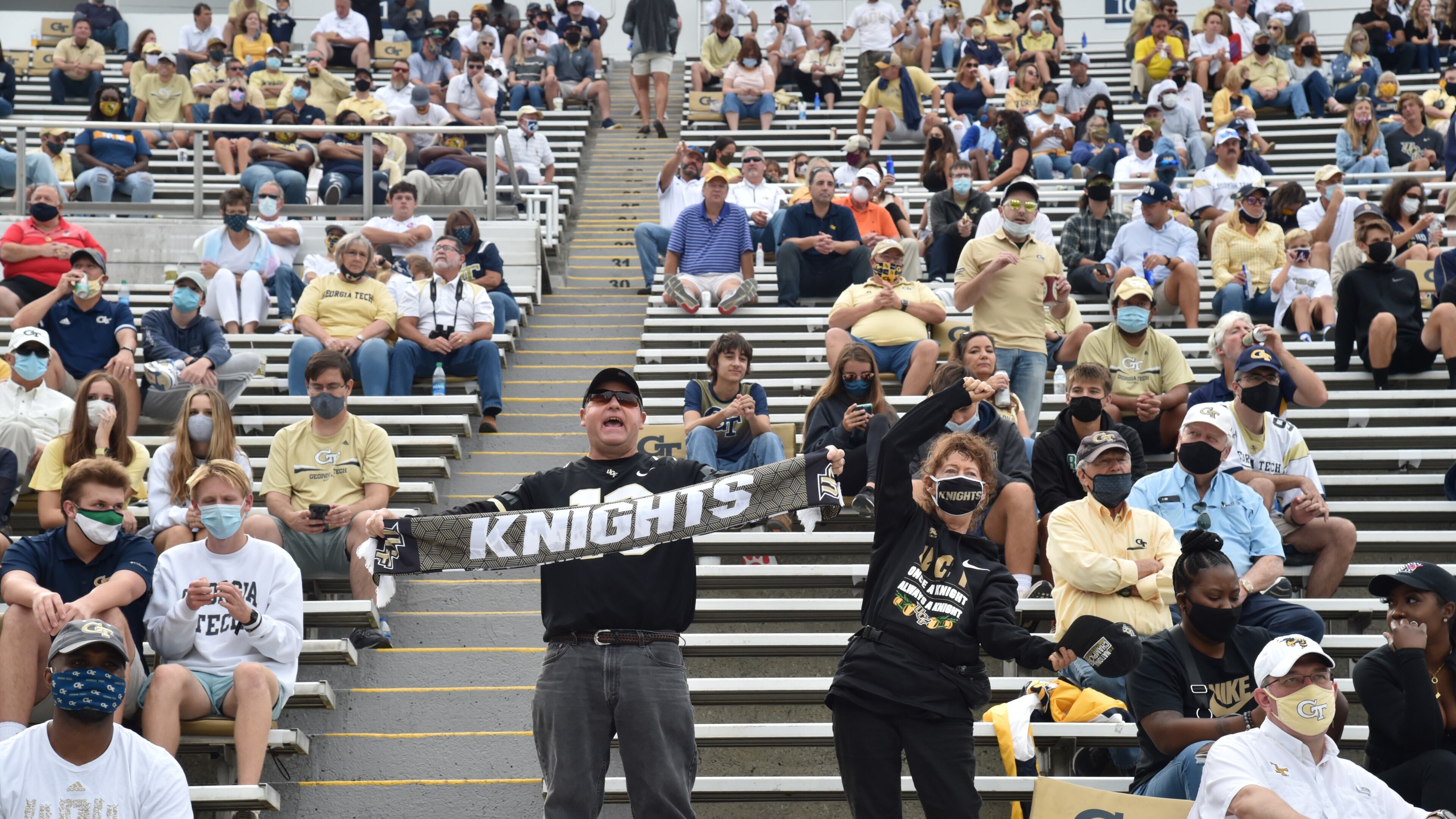 Both Georgia Tech and Central Florida fans showed up in lesser numbers for the Sept. 19 game at Bobby Dodd Stadium. Mask usage was widespread but not unanimous. And no hiding which side was more pleased. (Hyosub Shin / Hyosub.Shin@ajc.com)