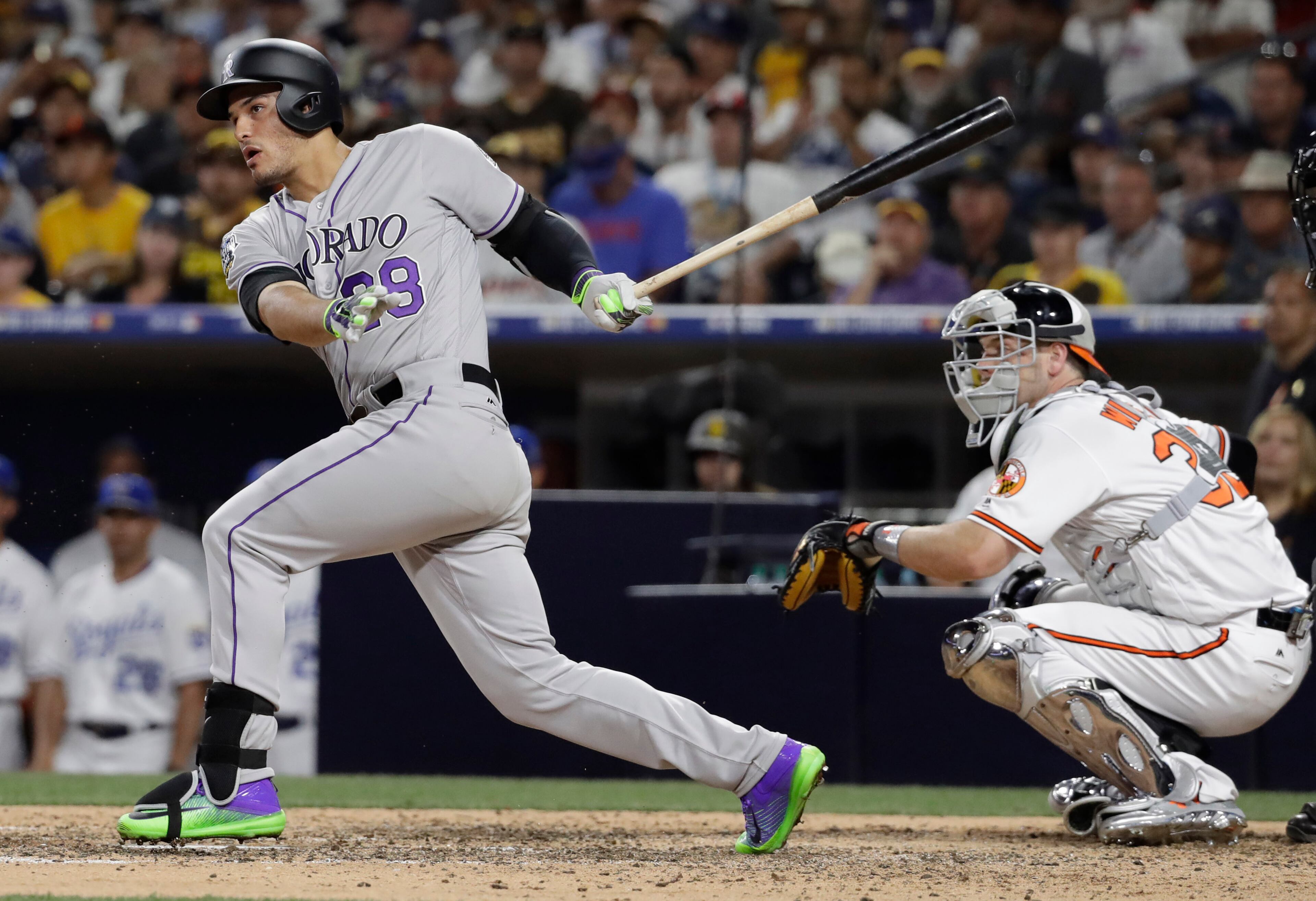 National League's Nolan Arenado, of the Colorado Rockies, hits during the MLB baseball All-Star Game, Tuesday, July 12, 2016, in San Diego. The American League won 4-2. (AP Photo/Gregory Bull)