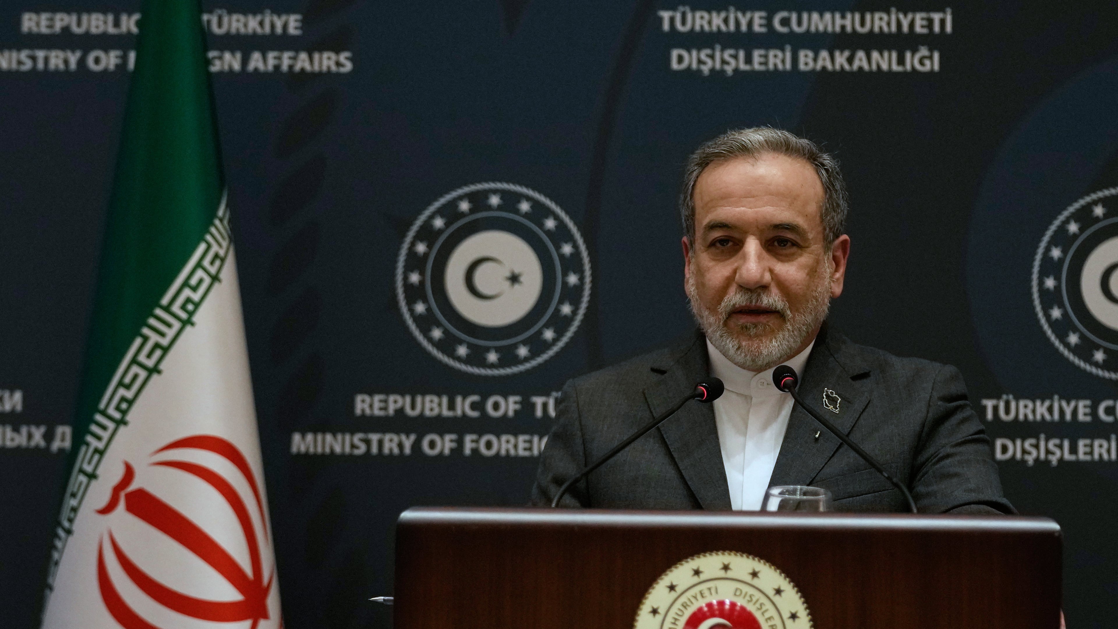 Iranian Foreign Minister Abbas Araghchi speaks to journalists during a joint press conference with his Turkish counterpart Hakan Fidan in Istanbul, Turkey, Friday, Jan. 30, 2026. (AP Photo/Khalil Hamra)