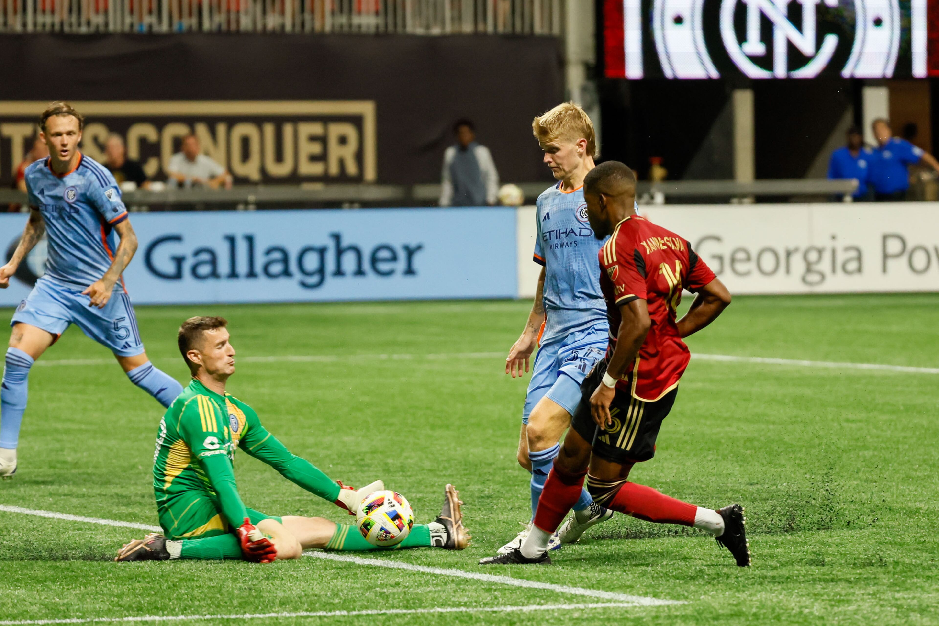 Atlanta United forward Xande Silva (16) gets his shot block by New York City goalkeeper Matt Freese (49) during stoppage time at Mercedes-Benz Stadium on Wednesday, July 17, 2024.
(Miguel Martinez/ AJC)