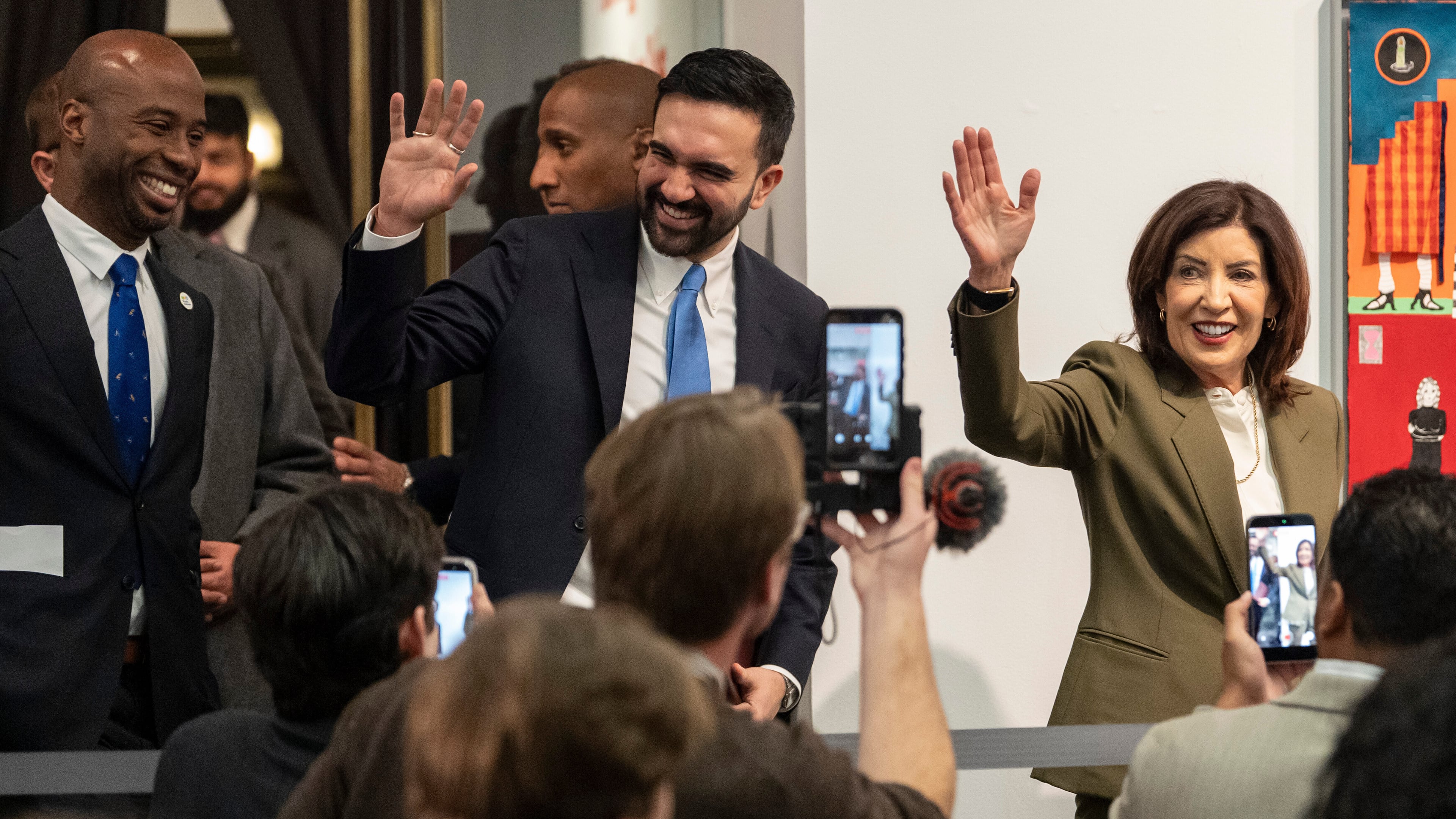 FILE - New York Mayor Zohran Mamdani and New York Governor Kathy Hochul arrive at a press conference at Sugar Hill Children's Museum of Art & Storytelling, March 3, 2026, in New York. (AP Photo/Yuki Iwamura, File)