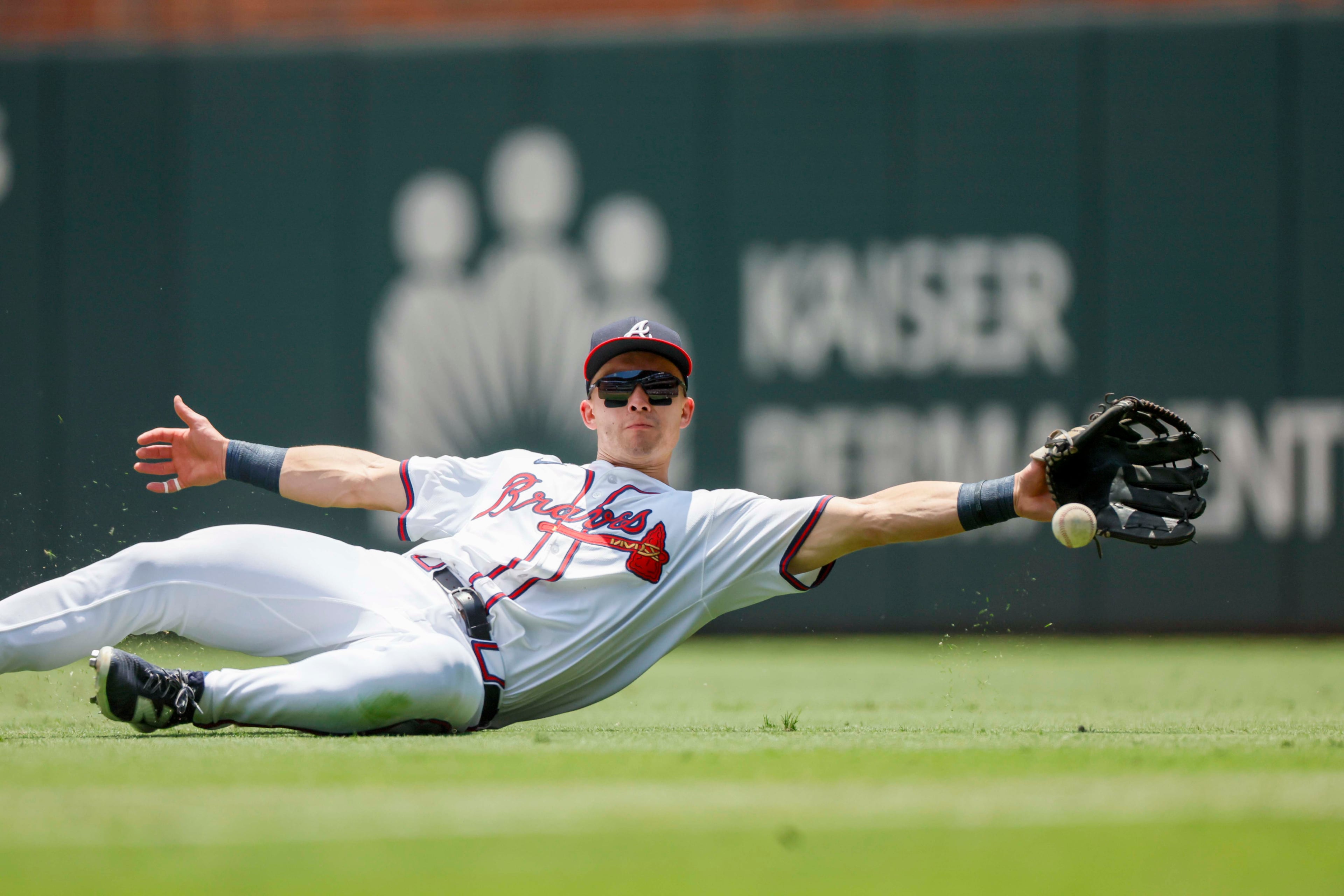 Atlanta Braves outfielder Stuart Fairchild (17) dives for the ball but was unable to catch it during the sixth inning against the Baltimore Orioles at Truist Park on Sunday, July 6, 2025, in Atlanta.
(Miguel Martinez/ AJC)