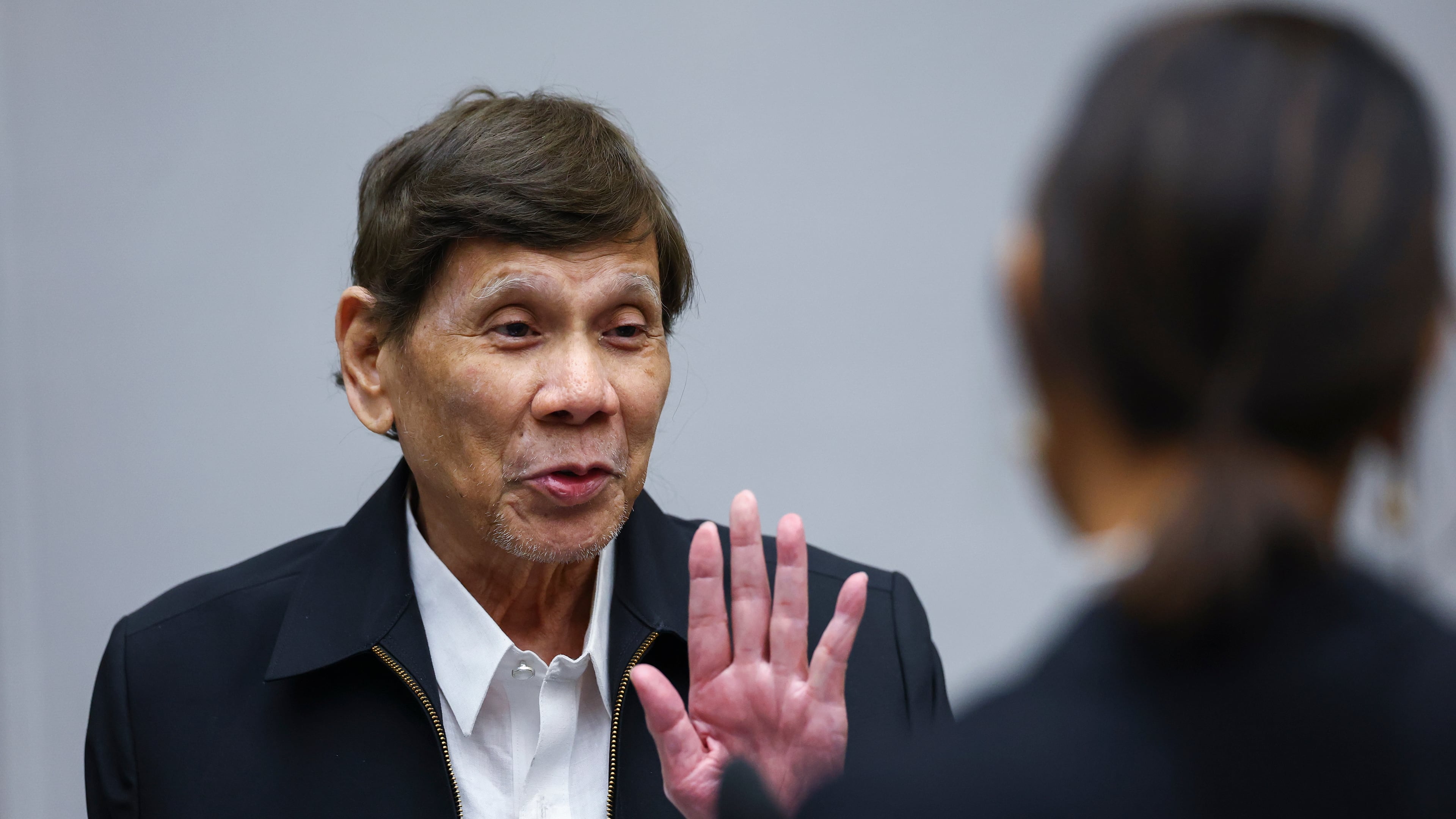 Former Philippine President Rodrigo Duterte appears before the International Criminal Court in The Hague, Netherlands, Wednesday, Sept. 16, 2026. (Piroschka van de Wouw/Pool Photo via AP)