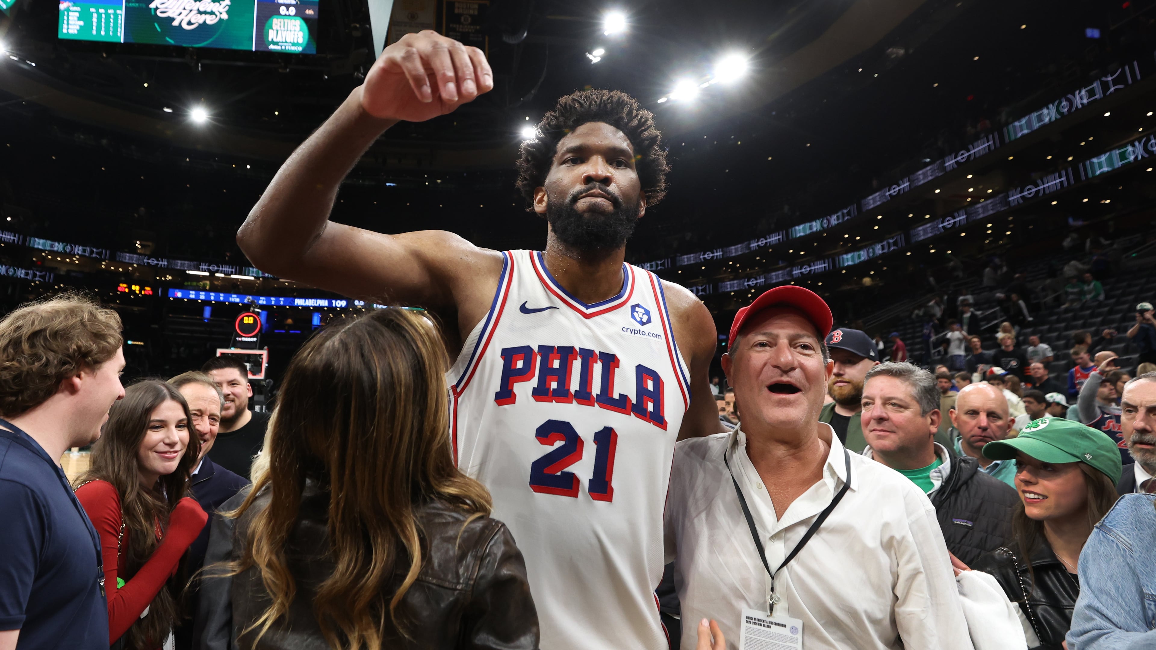 Philadelphia 76ers' Joel Embiid celebrates following his team's victory over the Boston Celtics after the Game 7 in a first-round NBA basketball playoffs series, Saturday, May 2, 2026 in Boston. (AP Photo/Jim Davis)