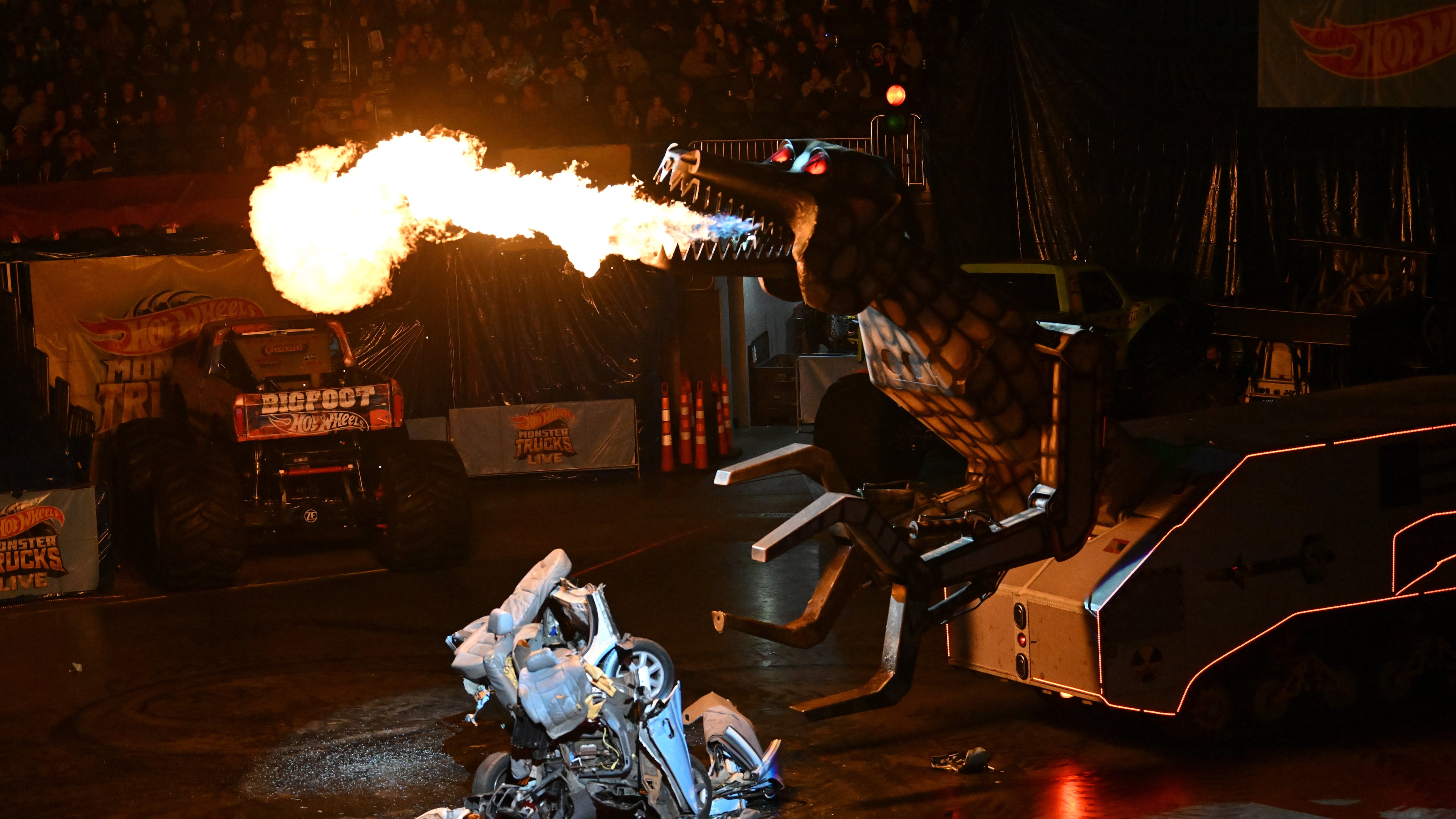 Megasaurus performs during Hot Wheels Monster Trucks Live at State Farm Arena, Saturday, December 6, 2024, in Atlanta. (Hyosub Shin / Hyosub.Shin@ajc.com)