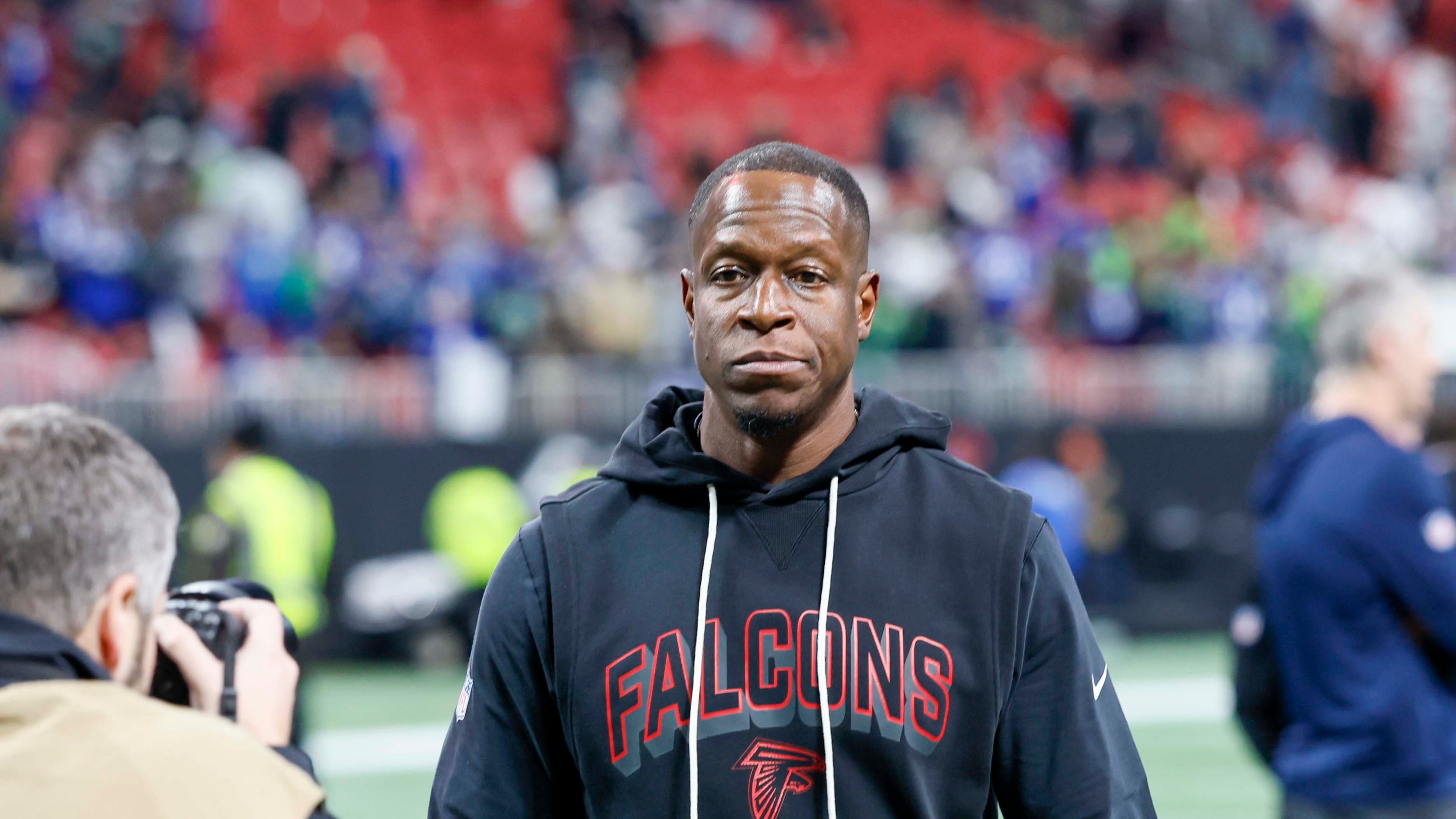 Atlanta Falcons head coach Raheem Morris leaves the field after the game, following the Seattle Seahawks’ 37-9 win at Mercedes-Benz Stadium in Atlanta on Sunday, Dec. 7, 2025. (Miguel Martinez/AJC)