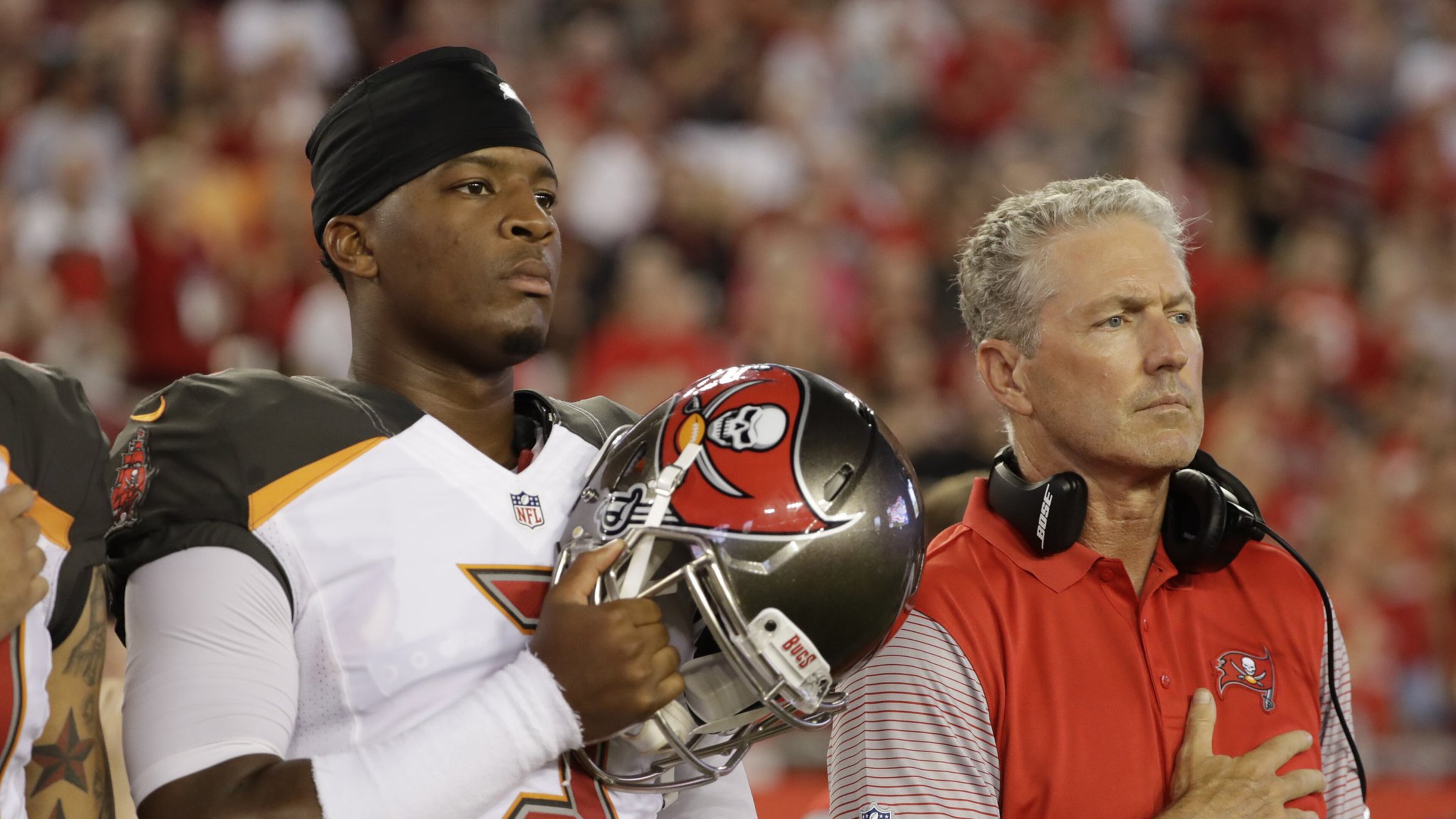 Tampa Bay Buccaneers quarterback Jameis Winston (3) and head coach Dirk Koetter before an NFL football game against the Cleveland Browns Friday, Aug. 26, 2016, in Tampa, Fla. (AP Photo/Chris O’Meara)
