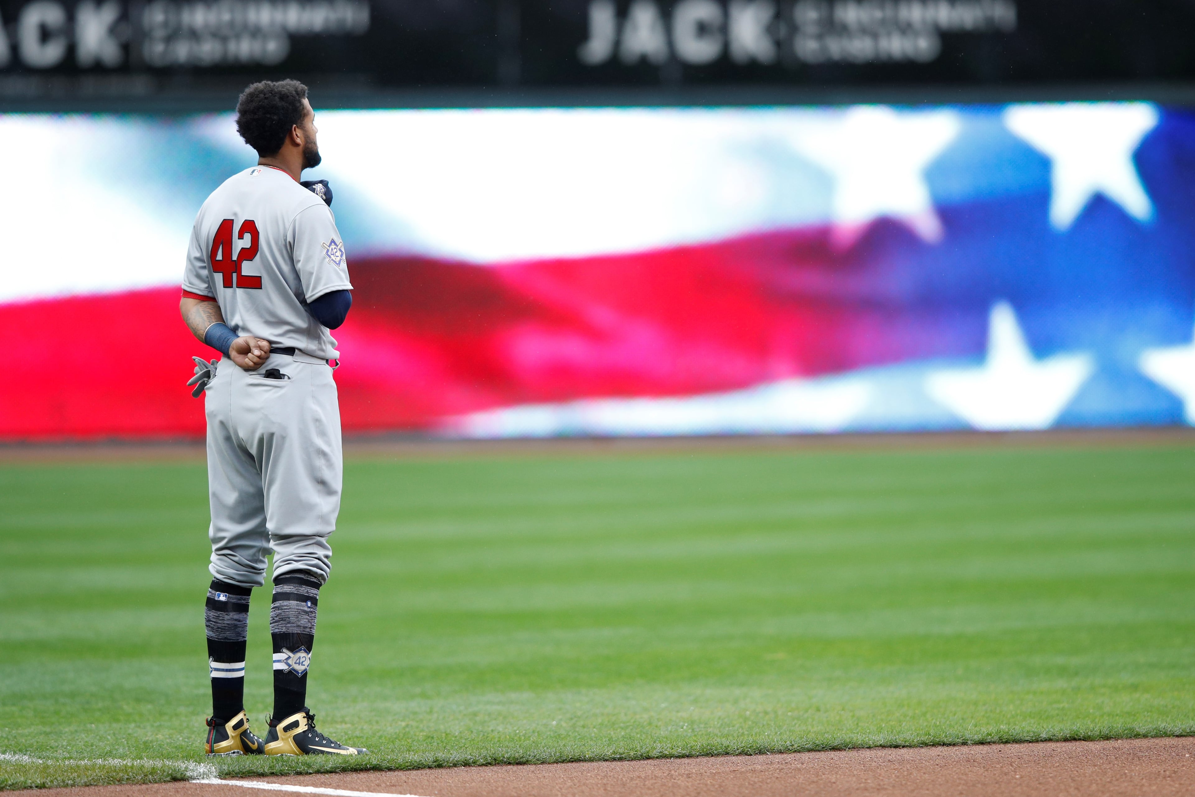 CINCINNATI, OH - APRIL 15: Jose Martinez #38 of the St. Louis Cardinals looks on during the national anthem prior to the game against the Cincinnati Reds at Great American Ball Park on April 15, 2018 in Cincinnati, Ohio. All players are wearing #42 in honor of Jackie Robinson Day. (Photo by Joe Robbins/Getty Images)