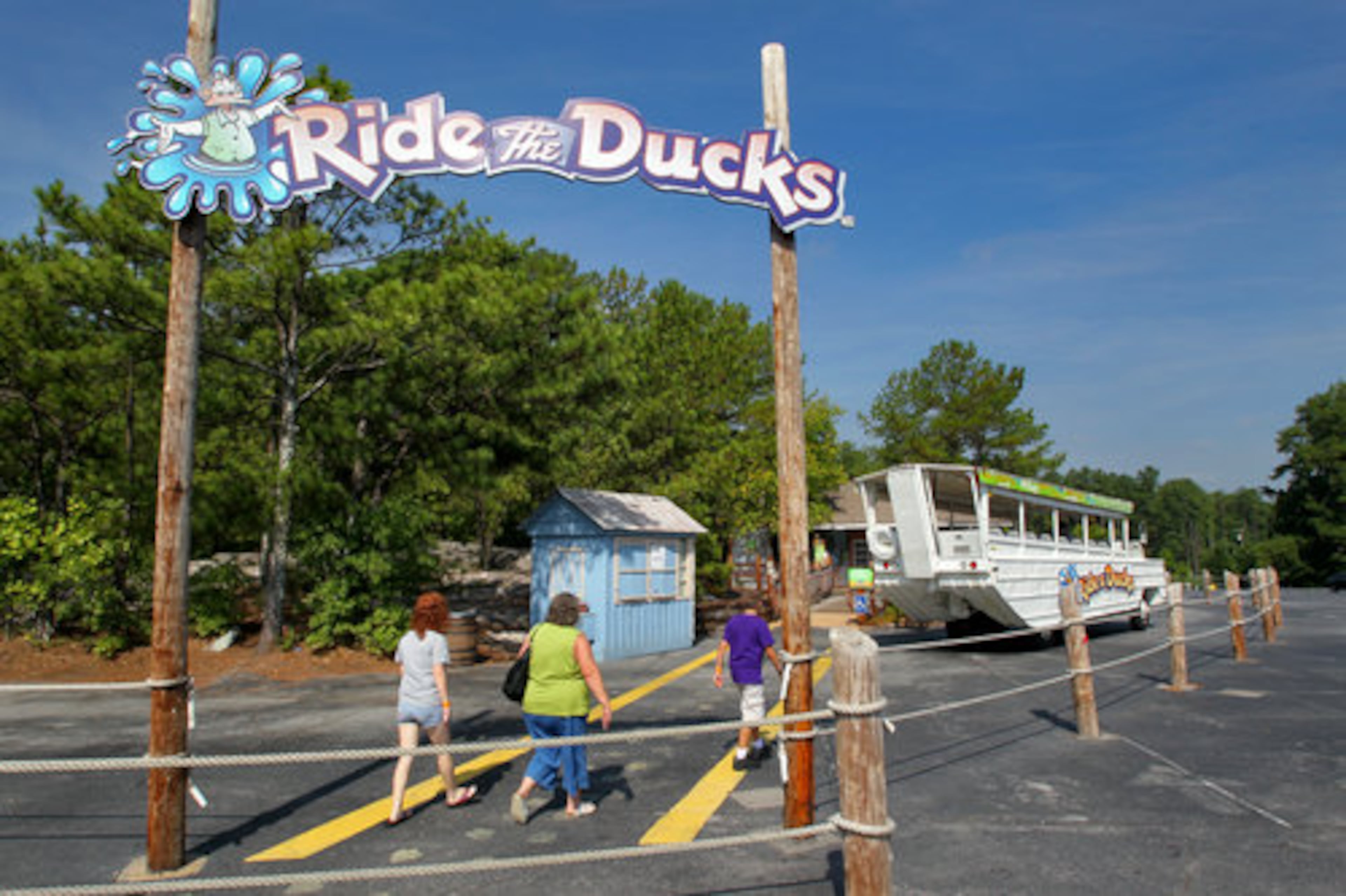 People arrive for their 11 a.m. appointment to ride the Ducks. Jeanine Jones, a Stone Mountain Park spokeswoman, said the boats are running two at a time, but all five will be in rotation this weekend.