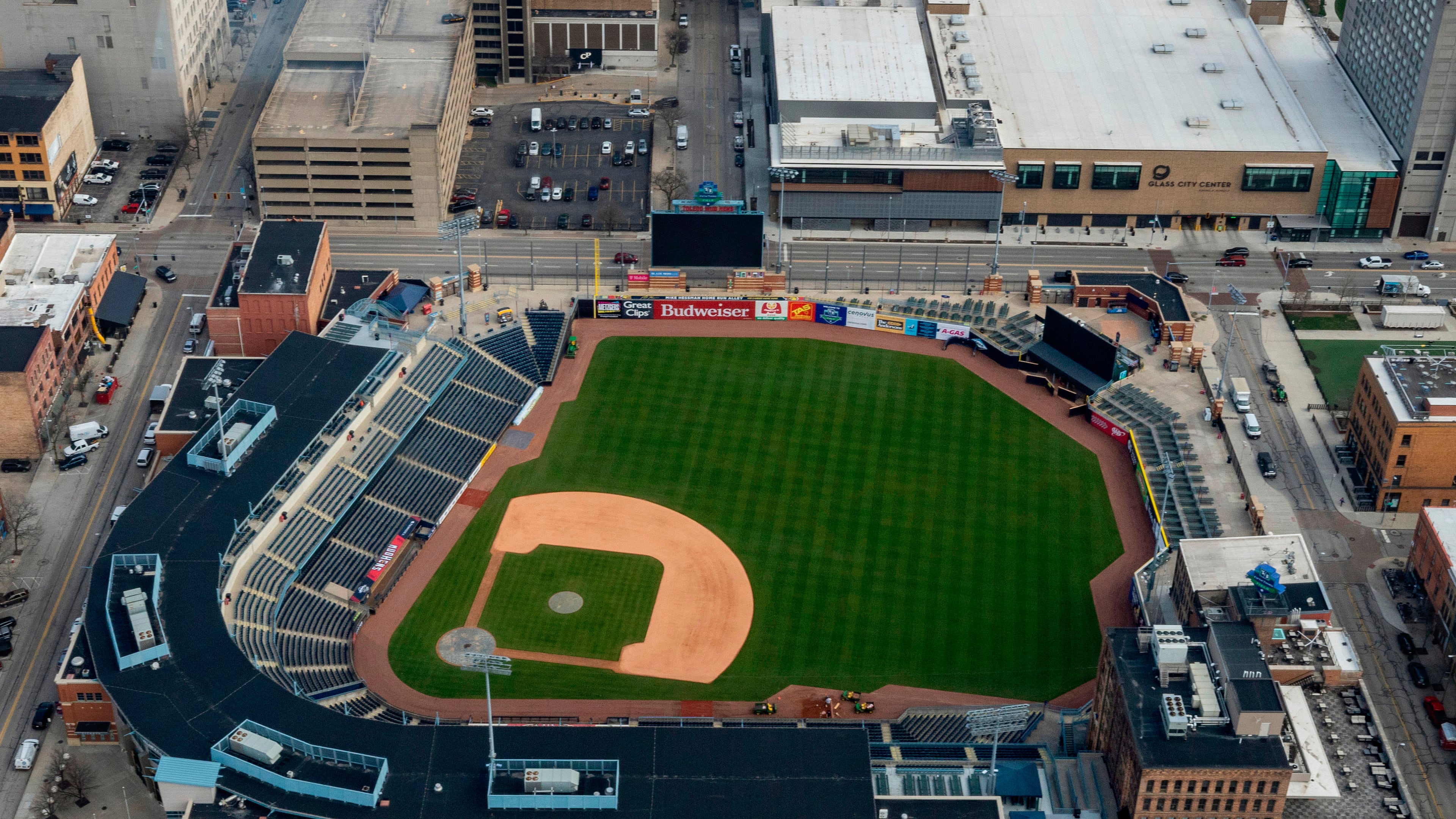 FILE - Ariel view of Fifth Third Field, home to the Toledo Mud Hens minor league baseball team, on March 13, 2024, in Toledo, Ohio. (Jeremy Wadsworth/The Blade via AP, File)