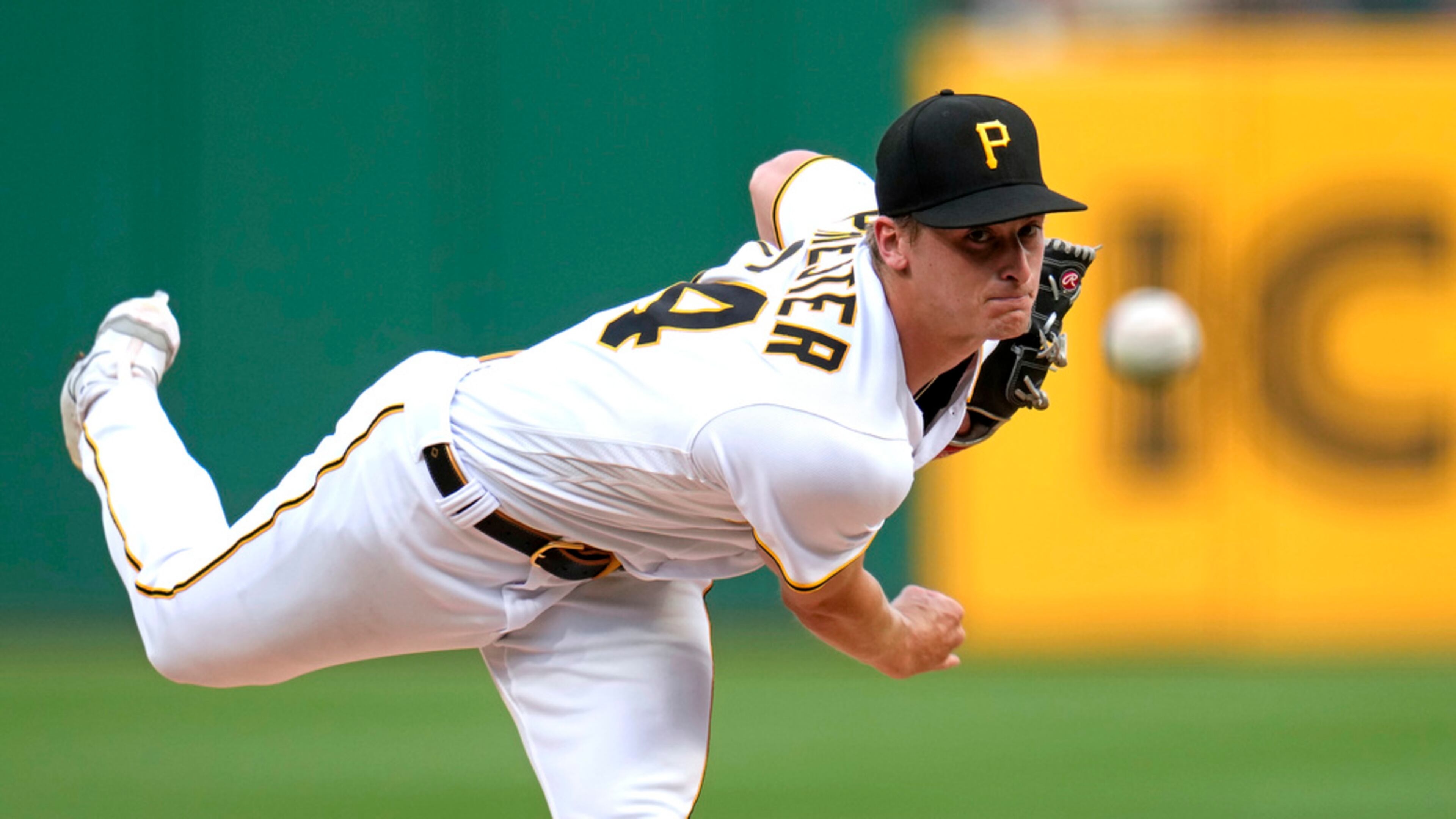 Pittsburgh Pirates starting pitcher Quinn Priester delivers during the first inning of a baseball game against the Atlanta Braves in Pittsburgh, Wednesday, Aug. 9, 2023. (AP Photo/Gene J. Puskar)