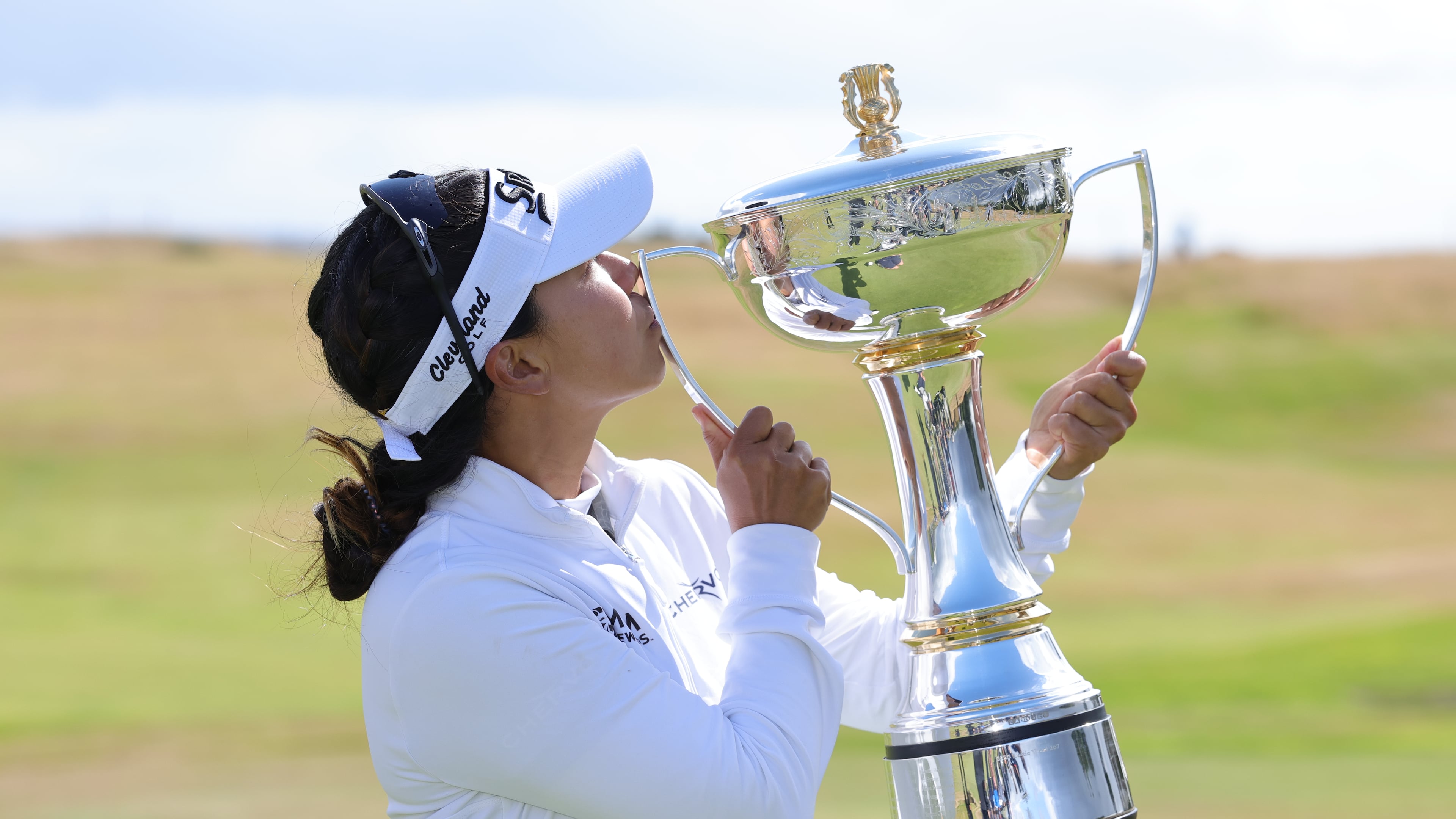 Jenny Shin of South Korea celebrates winning the 2026 ISPS HANDA Women's Scottish Open at Dundonald Links, Ayrshire, Sunday July 26, 2026. (Steve Welsh/PA via AP)