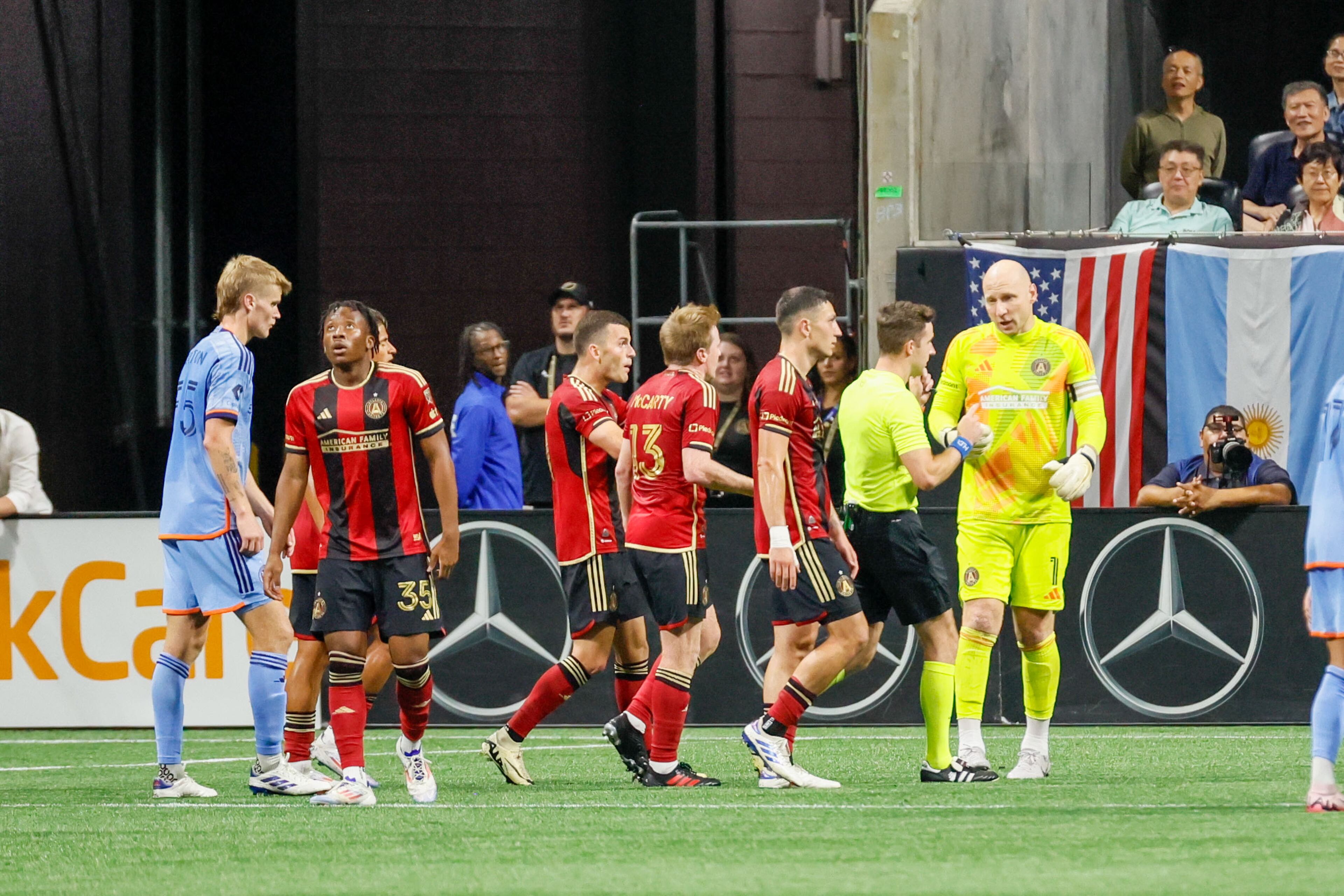 Atlanta United goalkeeper Brad Guzan (1) disputes a penalty call during the second half at Mercedes-Benz Stadium on Wednesday, July 17, 2024.
(Miguel Martinez/ AJC)