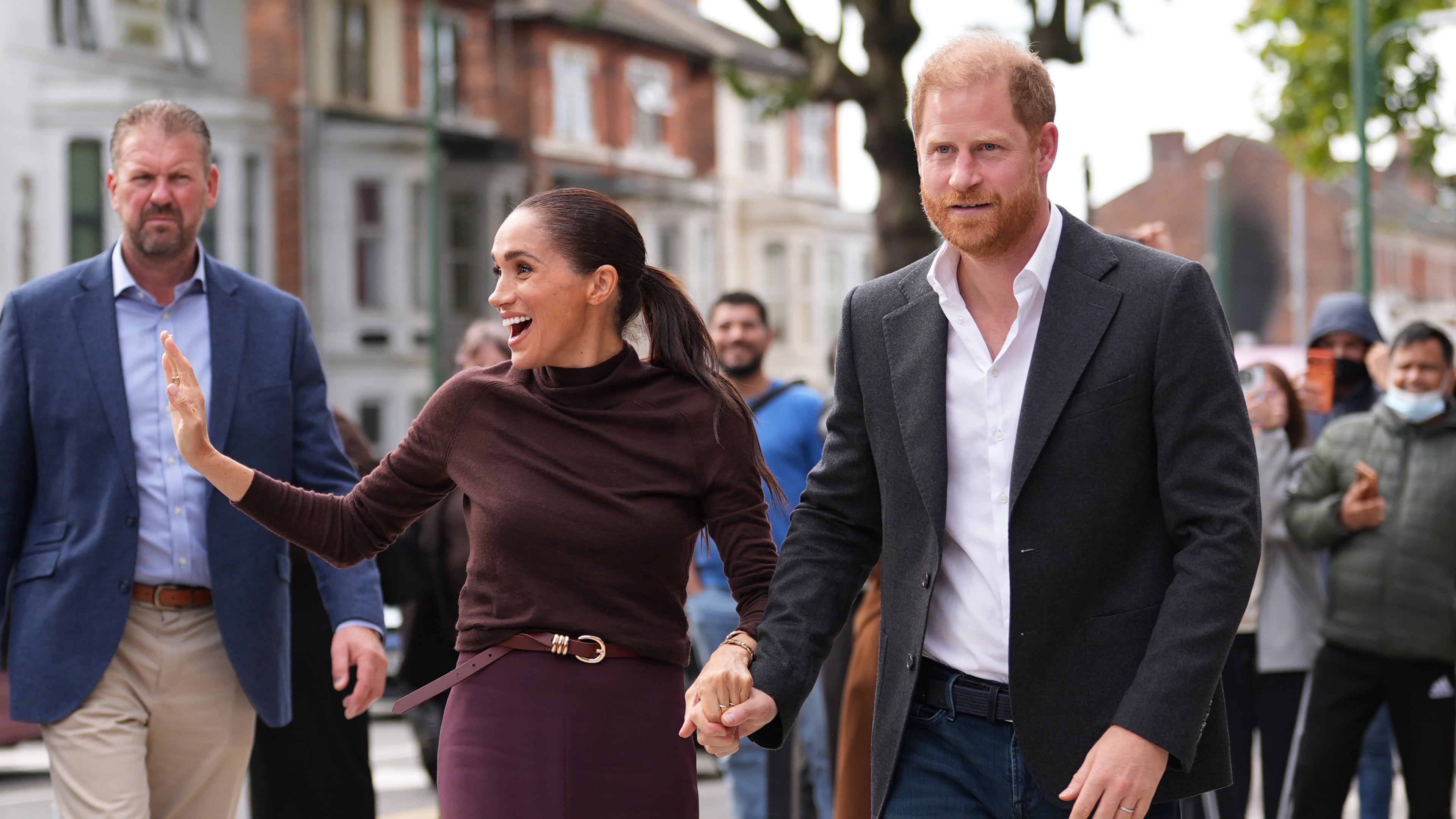 Britain's Prince Harry and Meghan, Duke and Duchess of Sussex visit the Himmah Hub in Nottingham, England, Thursday, Oct. 15, 2026. (Annabel Lee-Ellis/Pool Photo via AP)