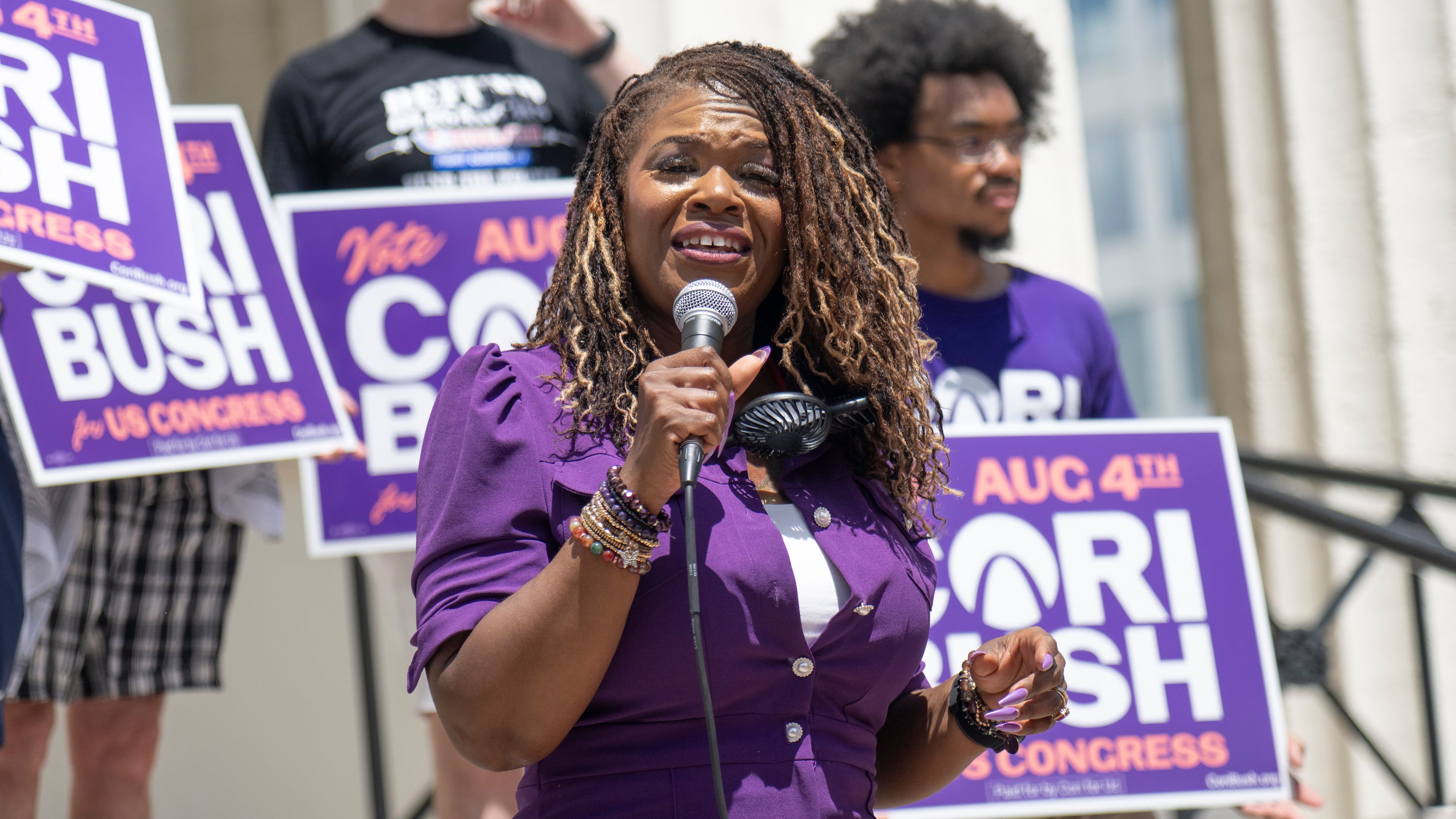 Former Rep. Cori Bush, D-Mo., speaks during a campaign rally on Saturday, July 18, 2026, in St. Louis. (AP Photo/Michael Thomas)