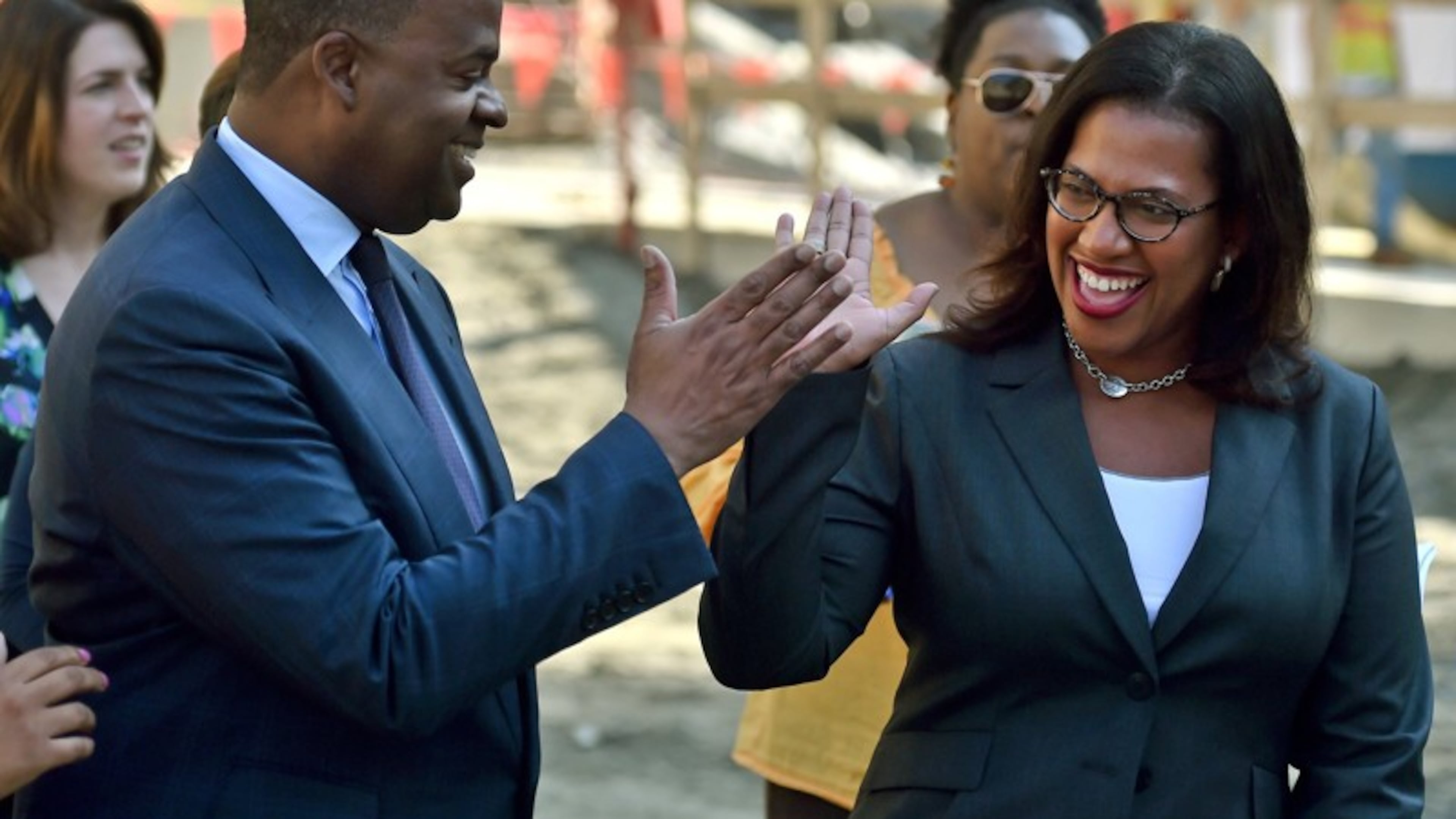 Former Atlanta Mayor Kasim Reed (left) with Atlanta Watershed Commissioner Kishia Powell soon after Reed hired her in 2016.