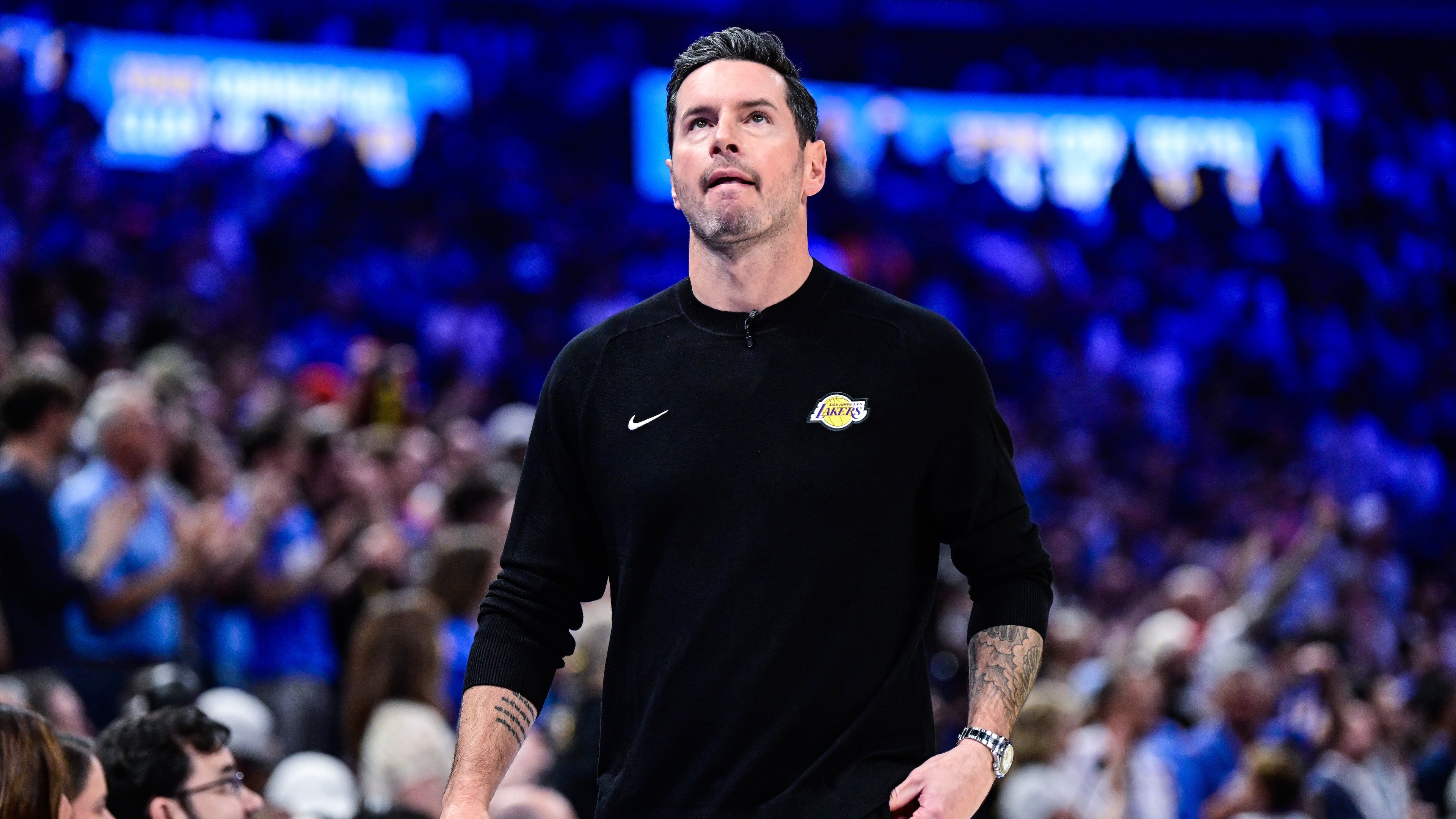 Los Angeles Lakers Head Coach JJ Redick reacts during the first half of an NBA basketball game against the Oklahoma City Thunder Thursday, April. 2, 2026, in Oklahoma City. (AP Photo/Gerald Leong)