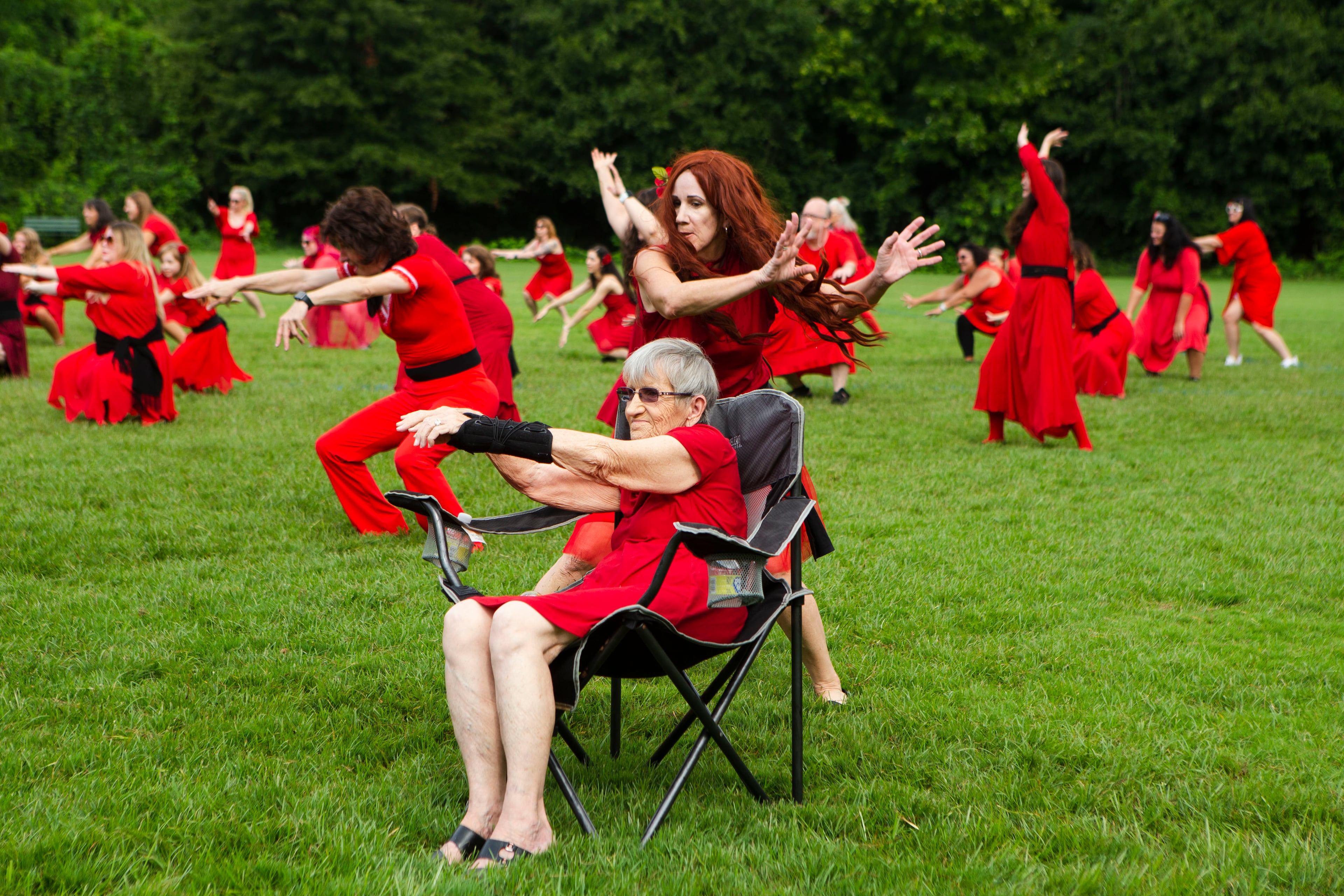 Eileen Sexton (front) and daughter Christine Sexton (behind) dance during a group dance to celebrate the seventh annual international "Most Wuthering Heights Day Ever," on Saturday, July 30, 2022, in Candler Park in Atlanta. The event celebrates Kate Bush's 1978 song "Wuthering Heights" with events in more than 40 cities around the world. CHRISTINA MATACOTTA FOR THE ATLANTA JOURNAL-CONSTITUTION