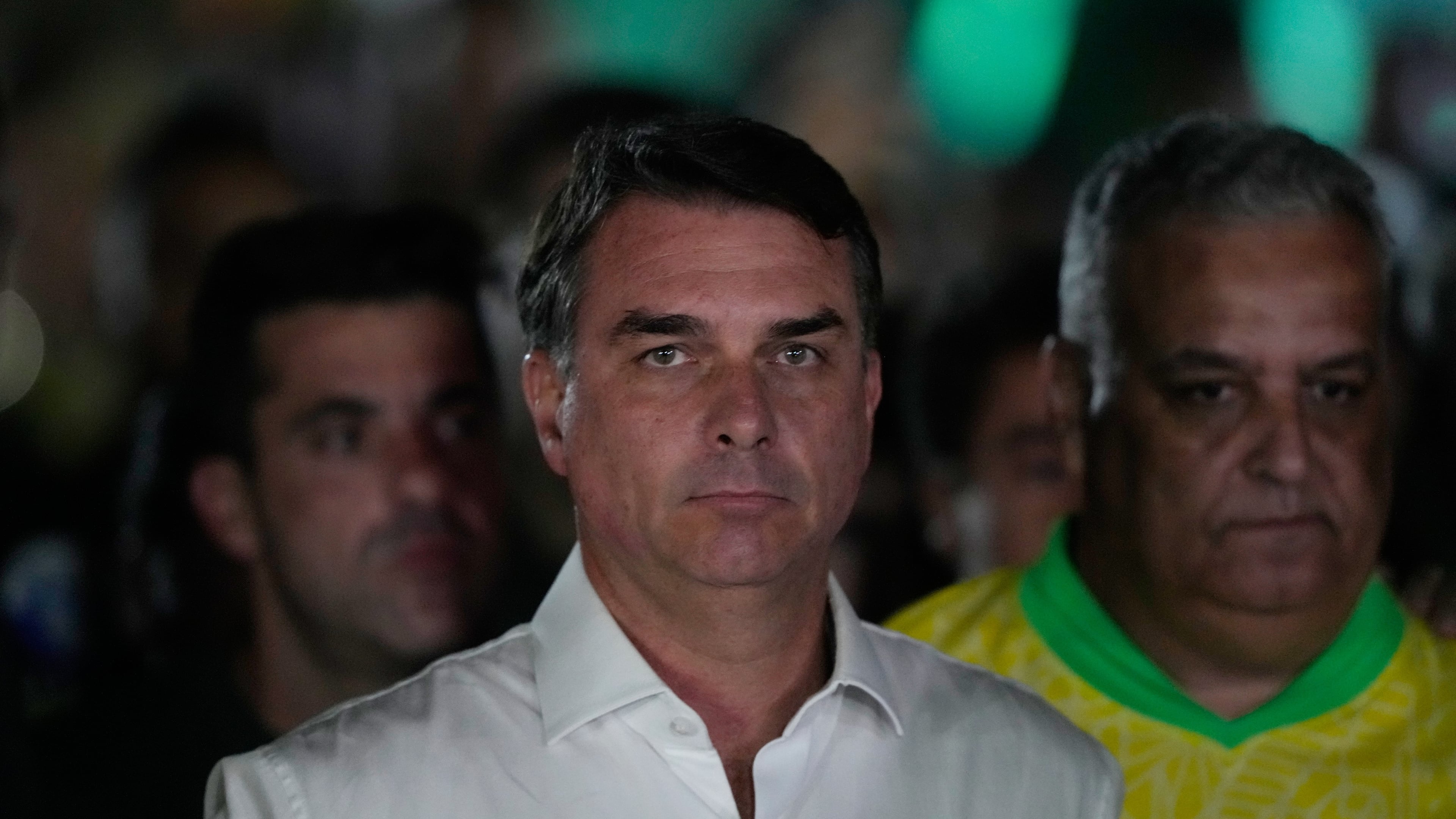 Opposition presidential candidate Sen. Flavio Bolsonaro arrives at his election night event after the presidential runoff in Brasilia, Brazil, Sunday, Oct. 25, 2026.(AP Photo/Eraldo Peres)