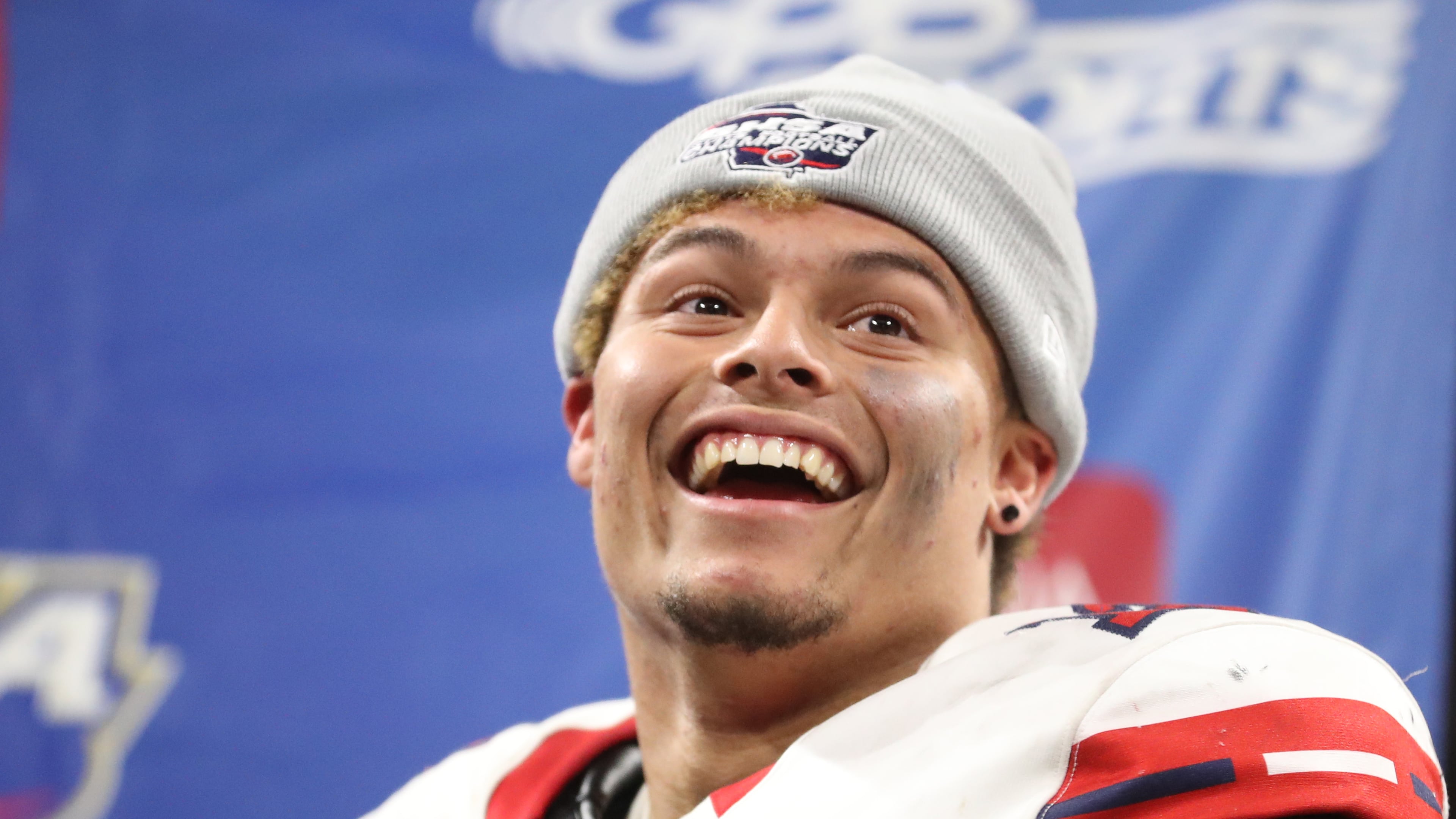 December 12, 2018 - Atlanta, Ga: Milton quarterback Jordan Yates celebrates their 14-13 win against Colquitt County in the Class AAAAAAA State Championship at Mercedes-Benz Stadium Wednesday, December 12, 2018, in Atlanta. Milton won 14-13. (JASON GETZ/SPECIAL TO THE AJC)