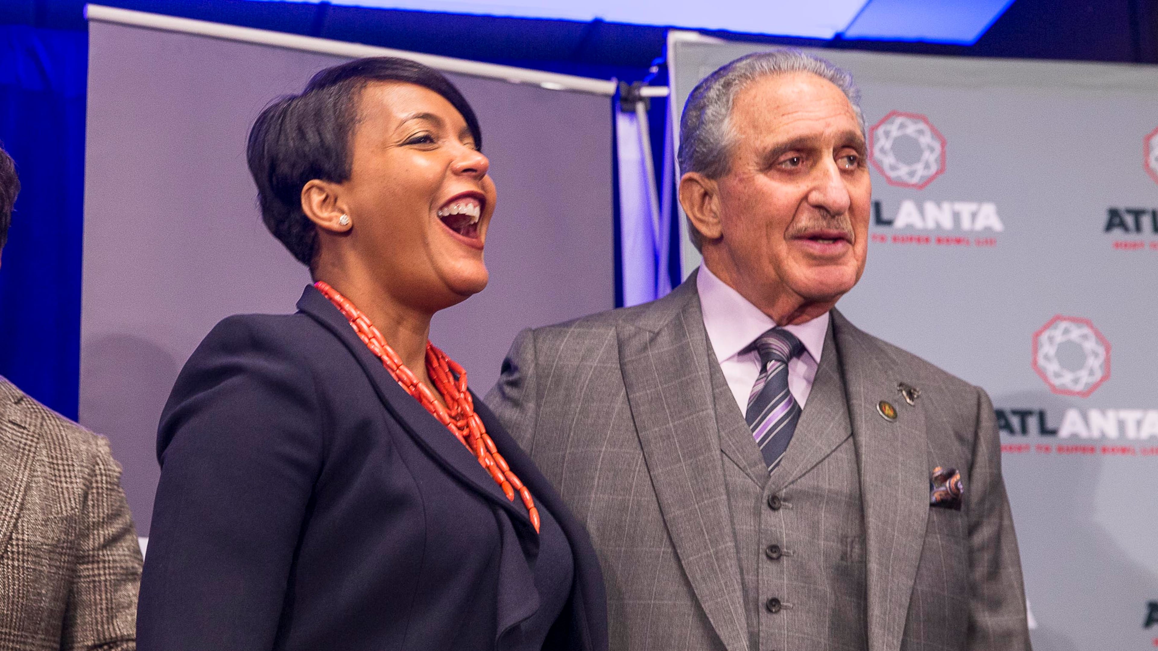 01/28/2019 -- Atlanta, Georgia -- Atlanta Mayor Keisha Lance Bottoms laughs while speaking with Atlanta Falcons owner Arthur M. Blank following a 'Welcome to Super Bowl LIII' press conference at the Georgia World Congress Center in Atlanta, Monday, January 28, 2019. (ALYSSA POINTER/ALYSSA.POINTER@AJC.COM)