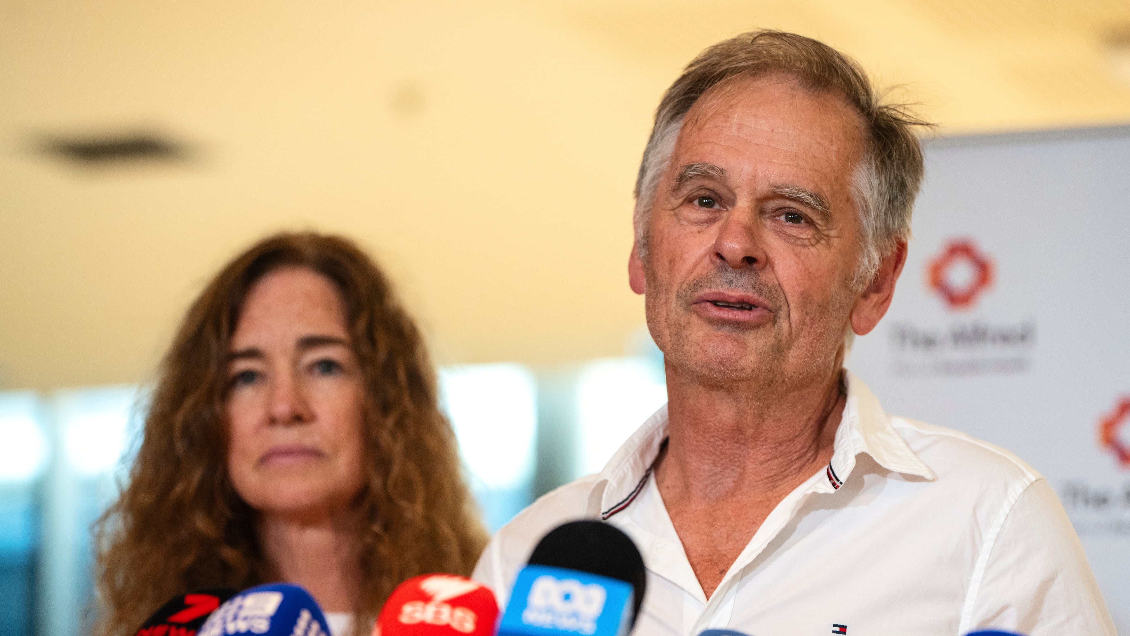 Phil Haines, husband of independent member of parliament Helen Haines, speaks to the media at The Alfred hospital in Melbourne, Australia, Wednesday, Oct. 21, 2026. (AAPImage via AP)