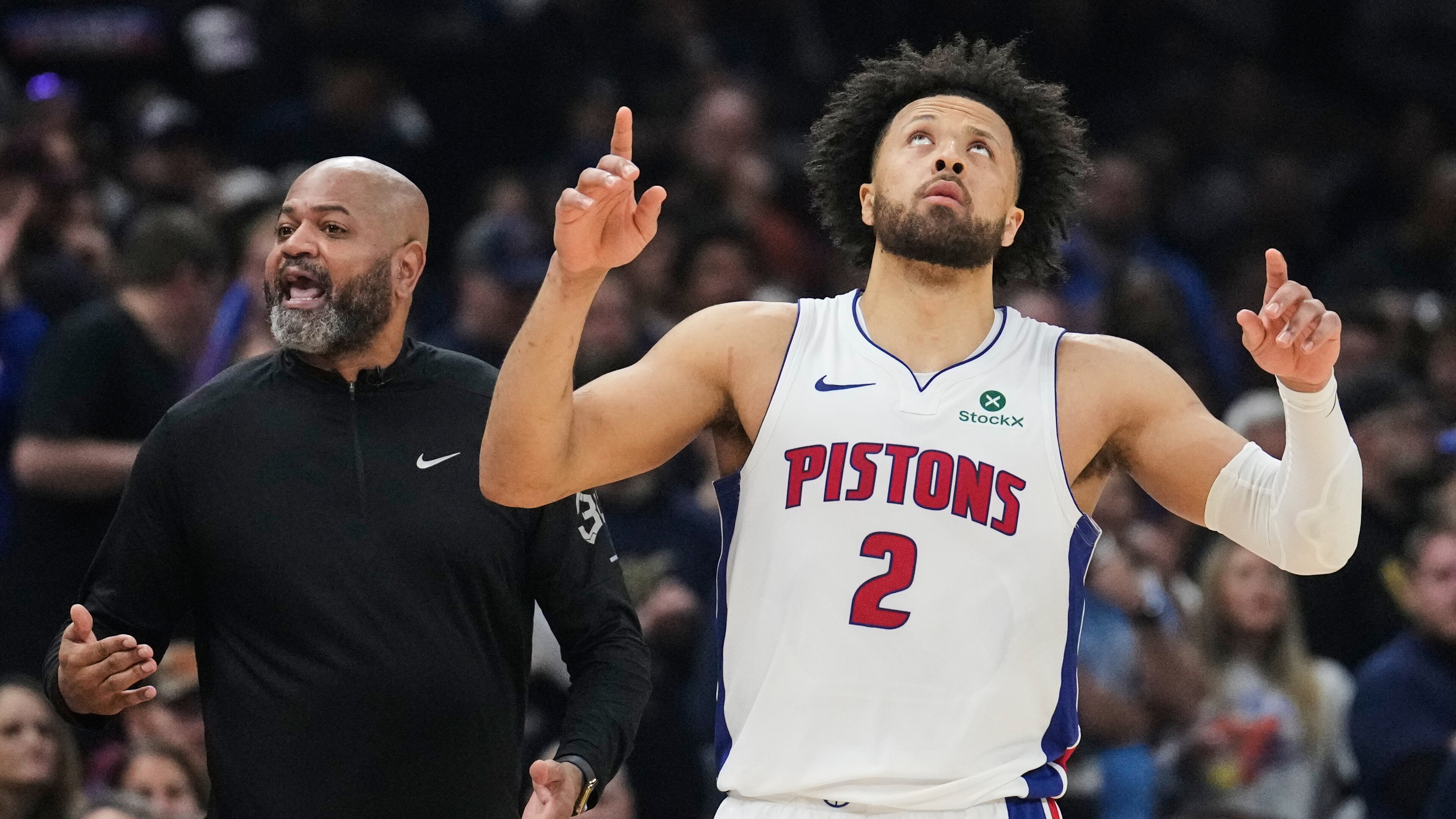 Cleveland Cavaliers guard Max Strus (2) gestures as he comes back into the game in the second half of Game 6 of a second-round NBA basketball playoffs series against the Cleveland Cavaliers, Friday, May 15, 2026, in Cleveland. (AP Photo/Sue Ogrocki)