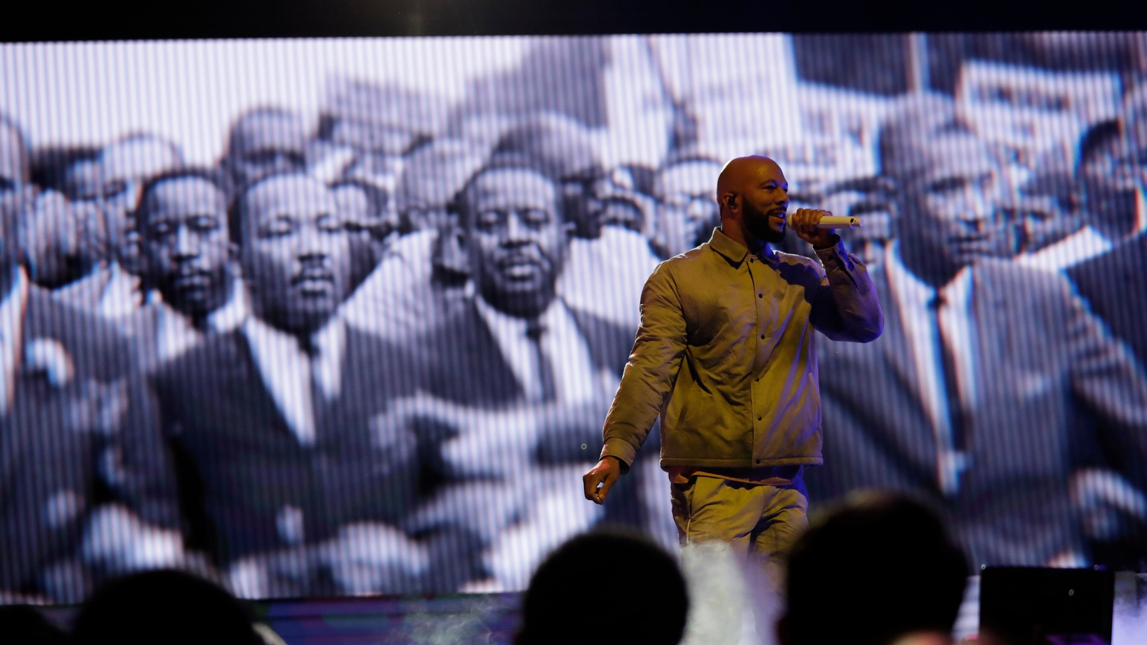 Common performs player introductions before the NBA All-Star basketball game Sunday, Feb. 16, 2020, in Chicago.