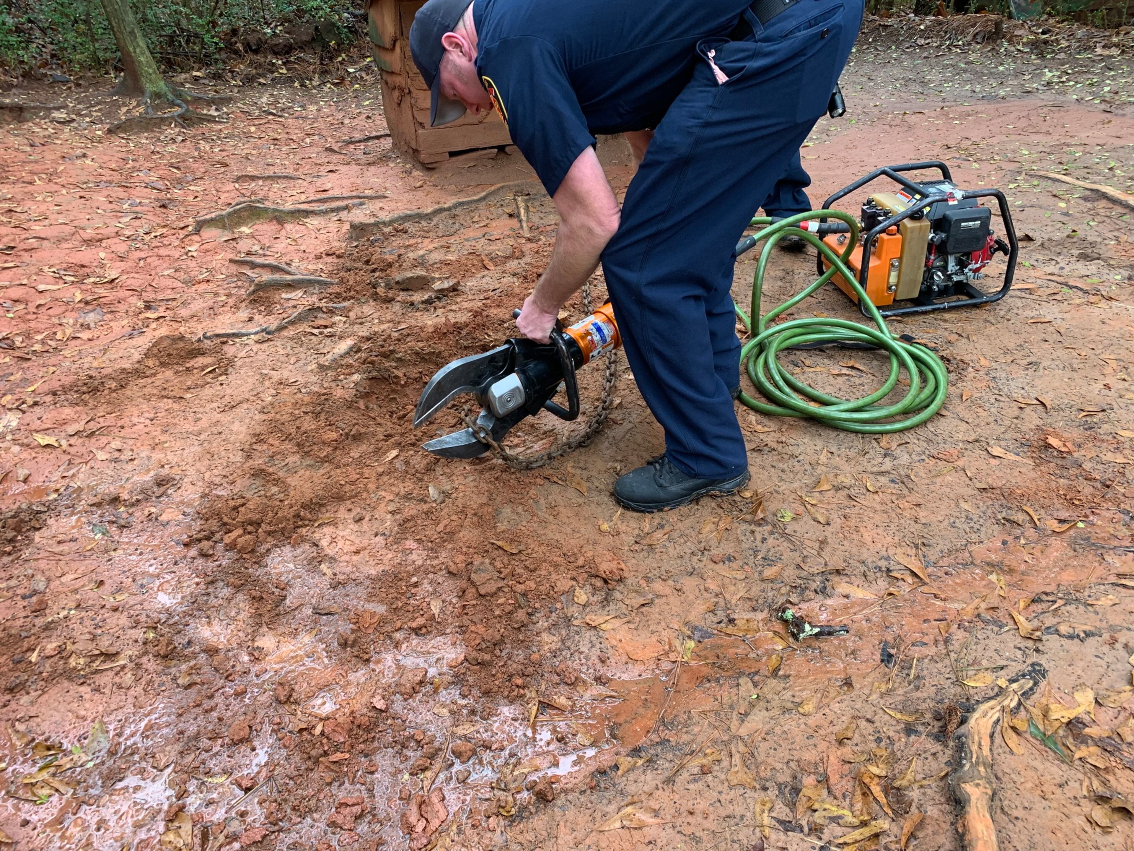 Firefighters assisted with cutting the logging chains used to tether the dogs.