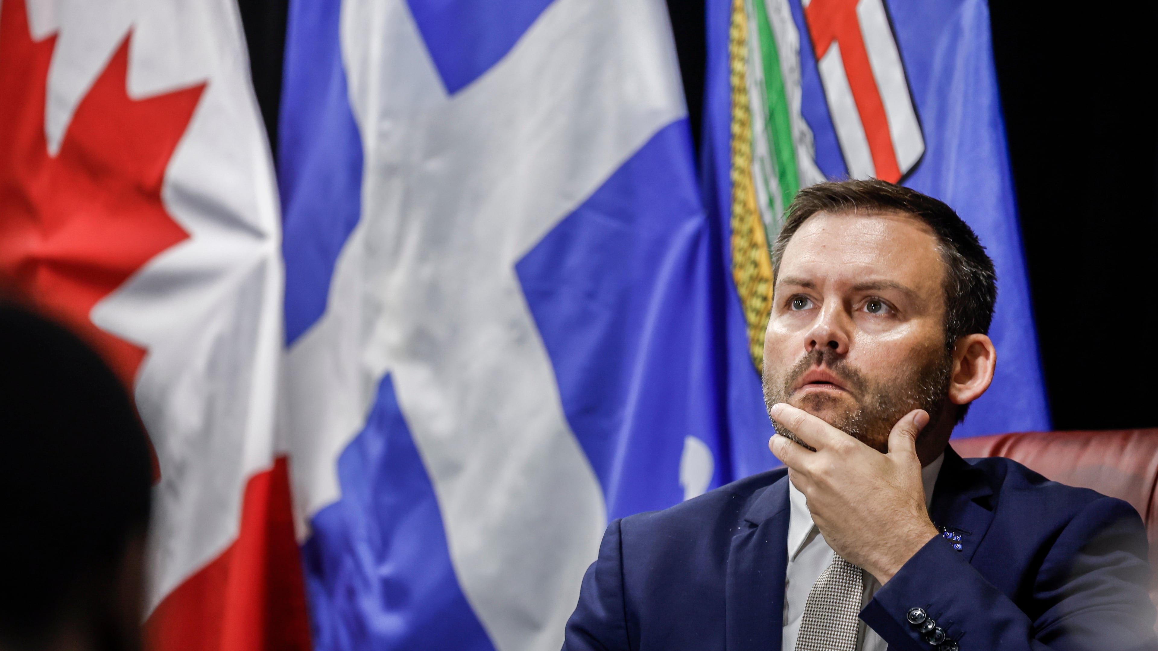 FILE - Parti Quebecois Leader Paul St-Pierre Plamondon listens to a question during a University of Calgary School of Public Policy event in Calgary, Thursday, Sept. 11, 2025. (Jeff McIntosh/The Canadian Press via AP, File)