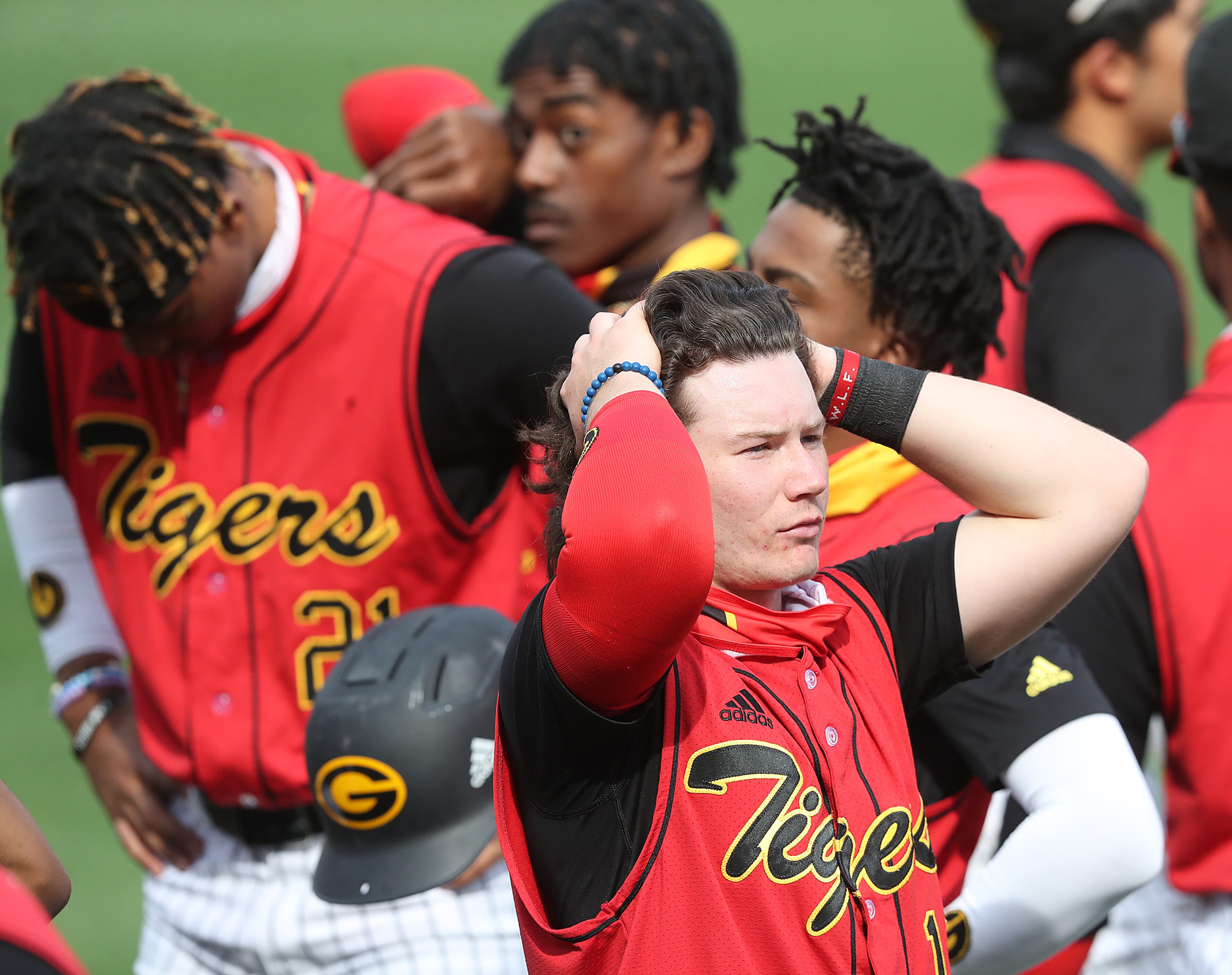 Grambling State infielder Caleb Clines and teammates react as a rally with the bases loaded fails in the 10-8 loss to Florida A&M in the HBCU Baseball Classic final Sunday, March 14, 2021, at Coolray Field in Lawrenceville. (Curtis Compton / Curtis.Compton@ajc.com)