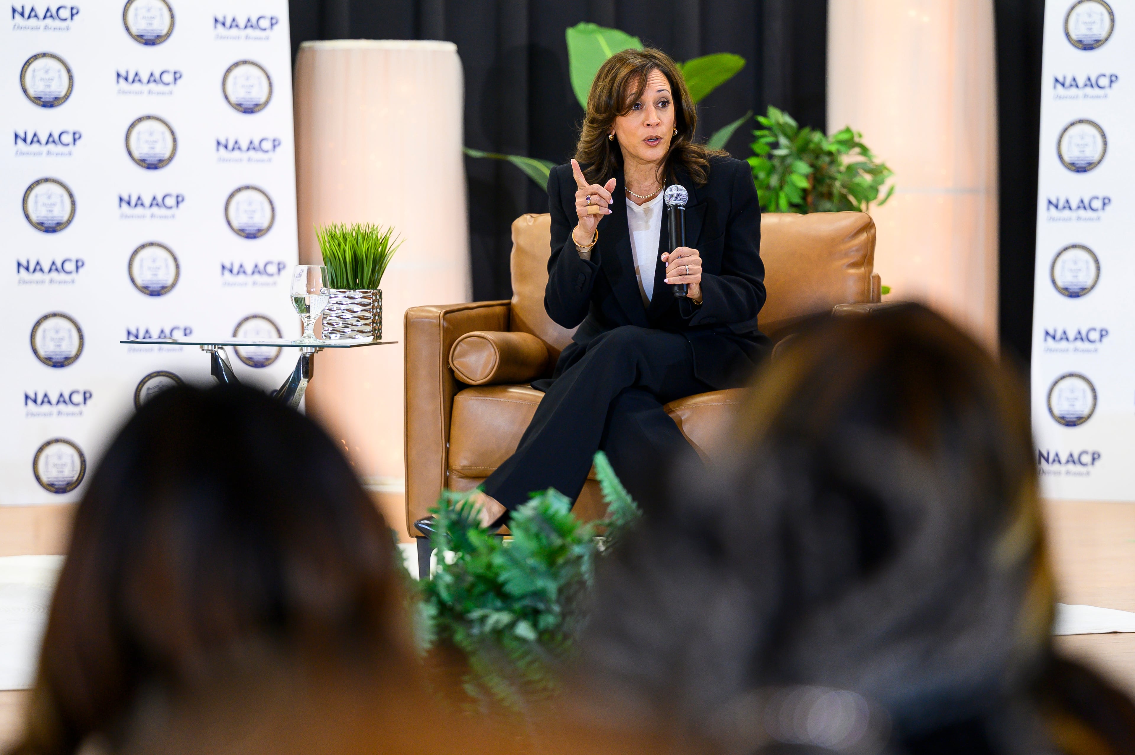 Former Vice President Kamala Harris, seen here during a fireside chat last month at Fellowship Church in Detroit. (Katy Kildee/Detroit News via AP)