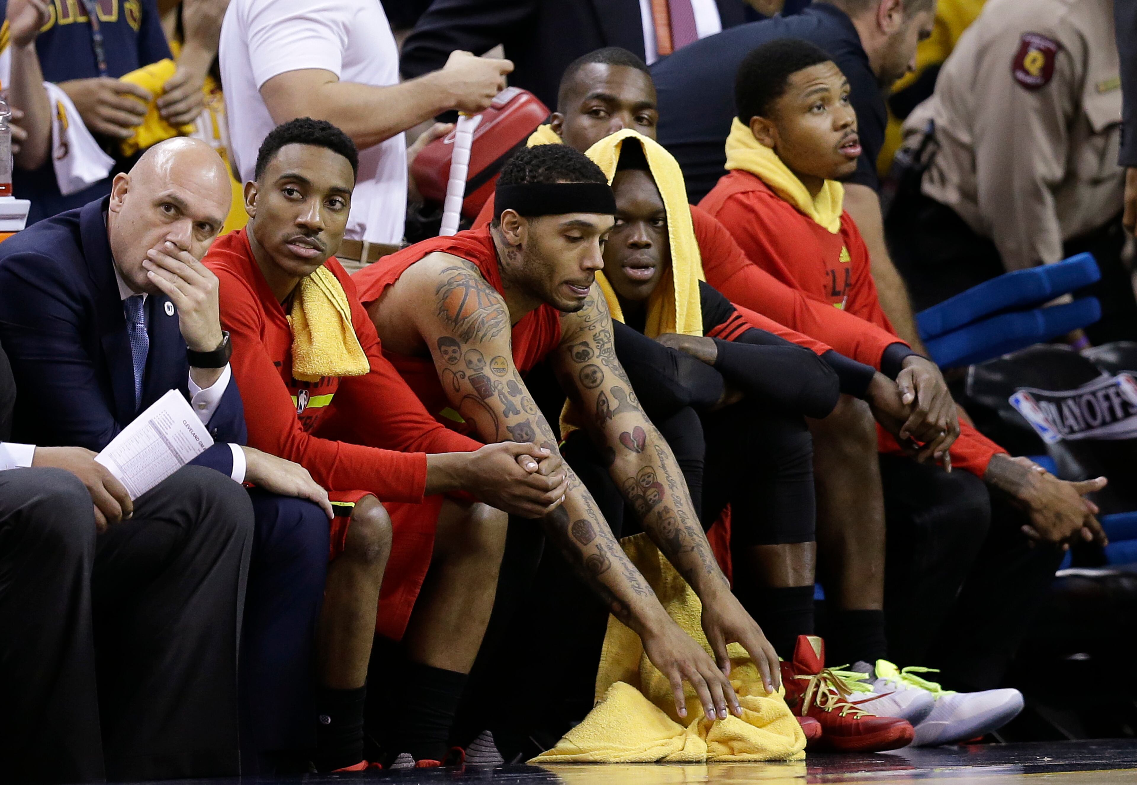Atlanta Hawks players watch from the bench in the second half against the Cleveland Cavaliers during Game 2 of a second-round NBA basketball playoff series, Wednesday, May 4, 2016, in Cleveland. (AP Photo/Tony Dejak)