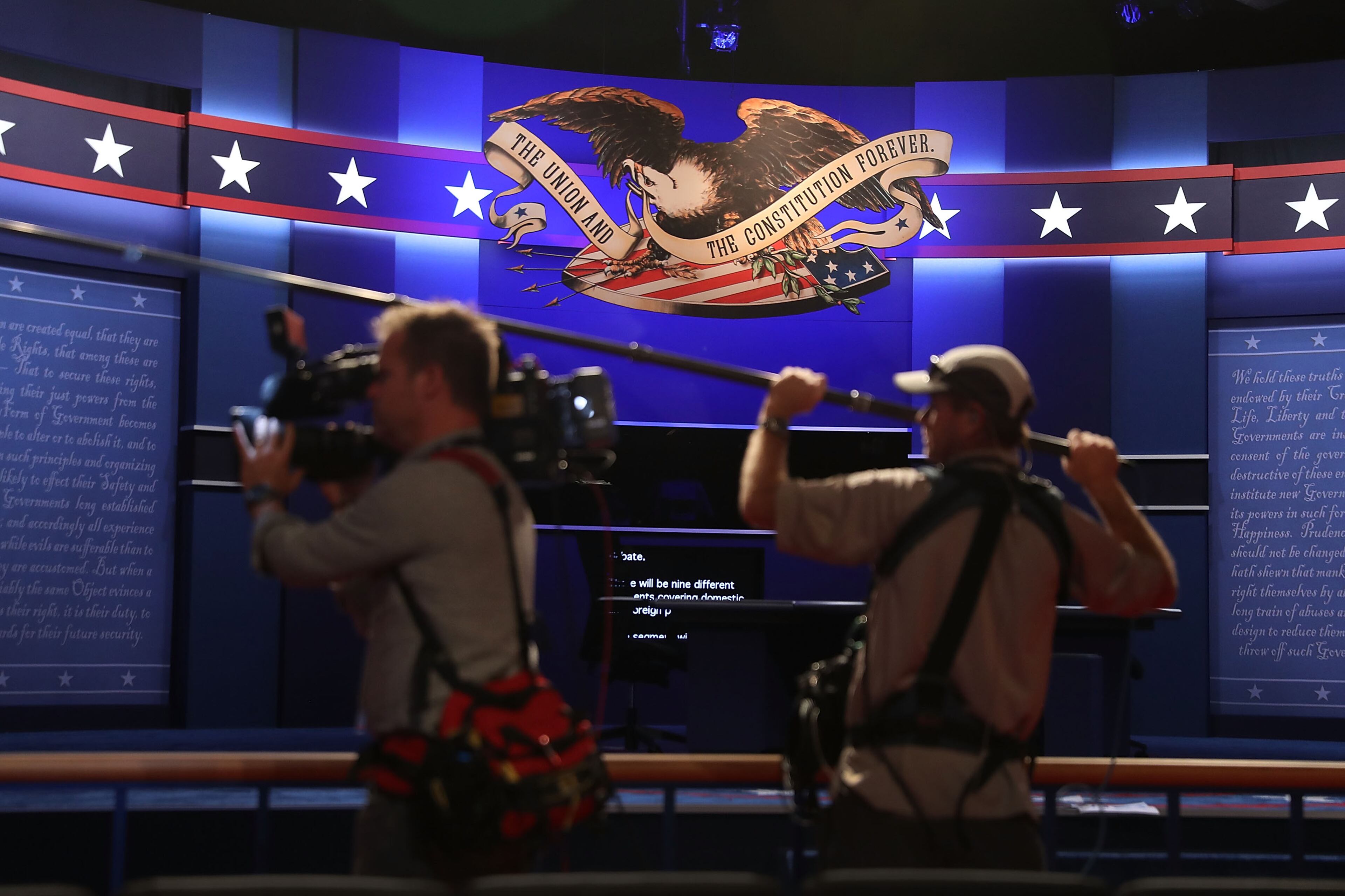The stage is set for the vice presidential debate scheduled to be held at Longwood University on Oct. 4, 2016 in Farmville, Virginia. Republican vice presidential nominee Mike Pence is scheduled to debate Democratic vice presidential nominee Tim Kaine in the first and only vice presidential debate. (Photo by Joe Raedle/Getty Images)