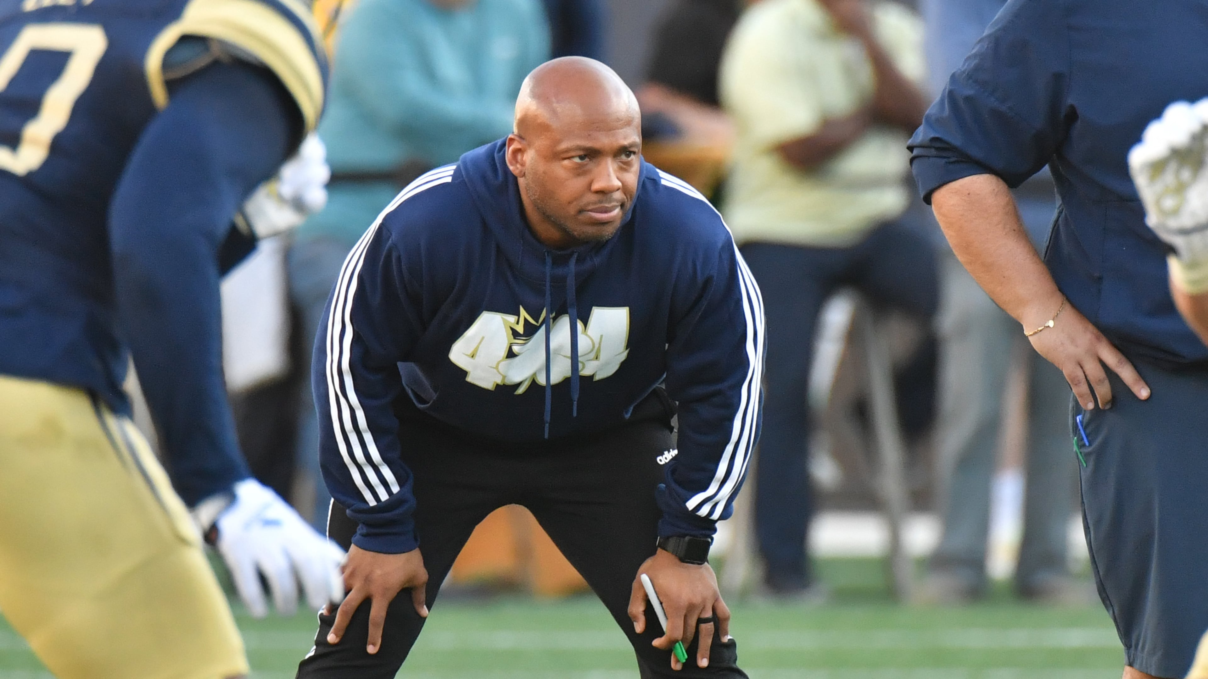 Georgia Tech running backs coach Mike Daniels watches during the 2022 spring game at Georgia Tech's Bobby Dodd Stadium in Atlanta on Thursday, March 17, 2022. (Hyosub Shin / Hyosub.Shin@ajc.com)