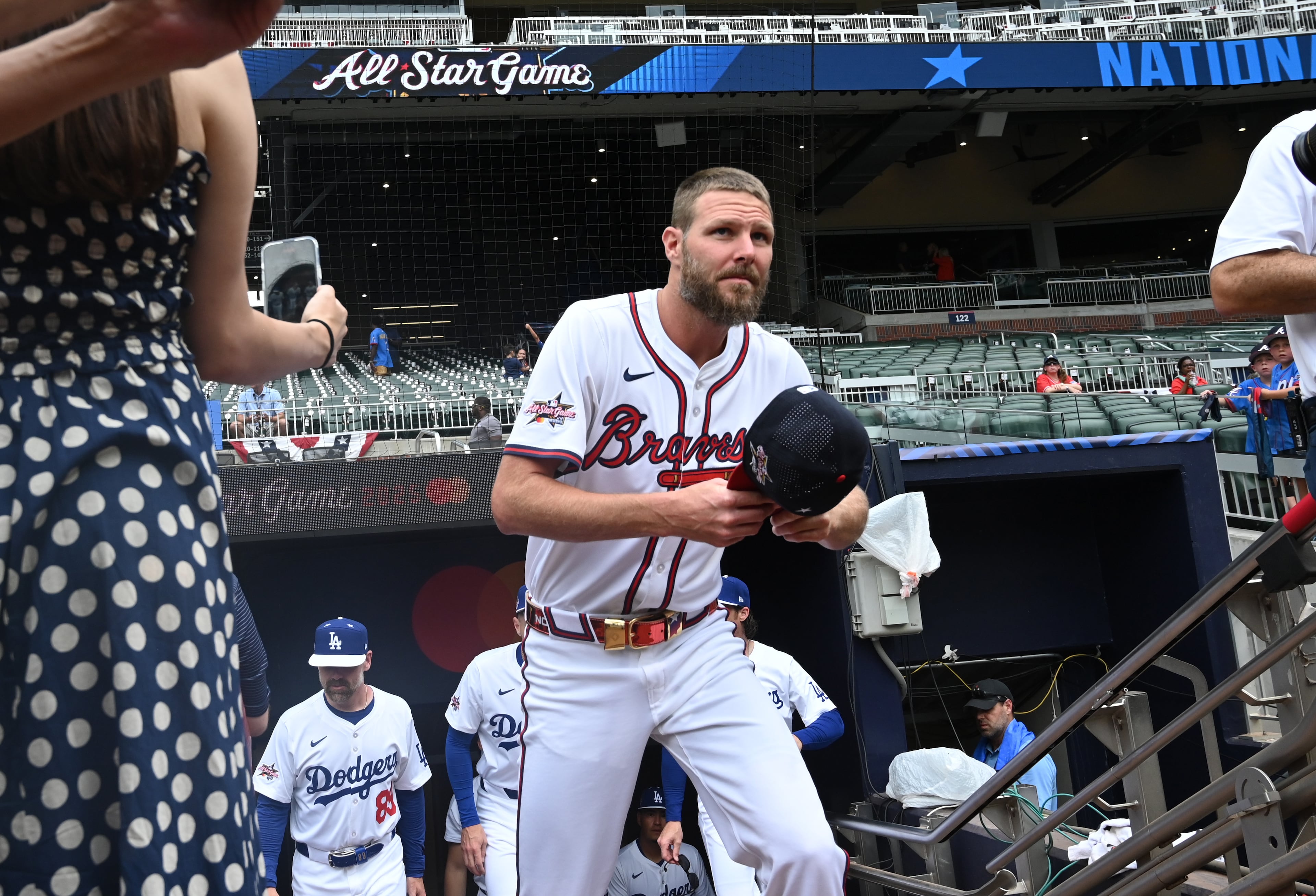 Atlanta Braves pitcher Chris Sale walks onto the field before the 2025 MLB All-Star Game at Truist Park, Tuesday, July 15, 2025, in Atlanta. (Hyosub Shin/AJC)