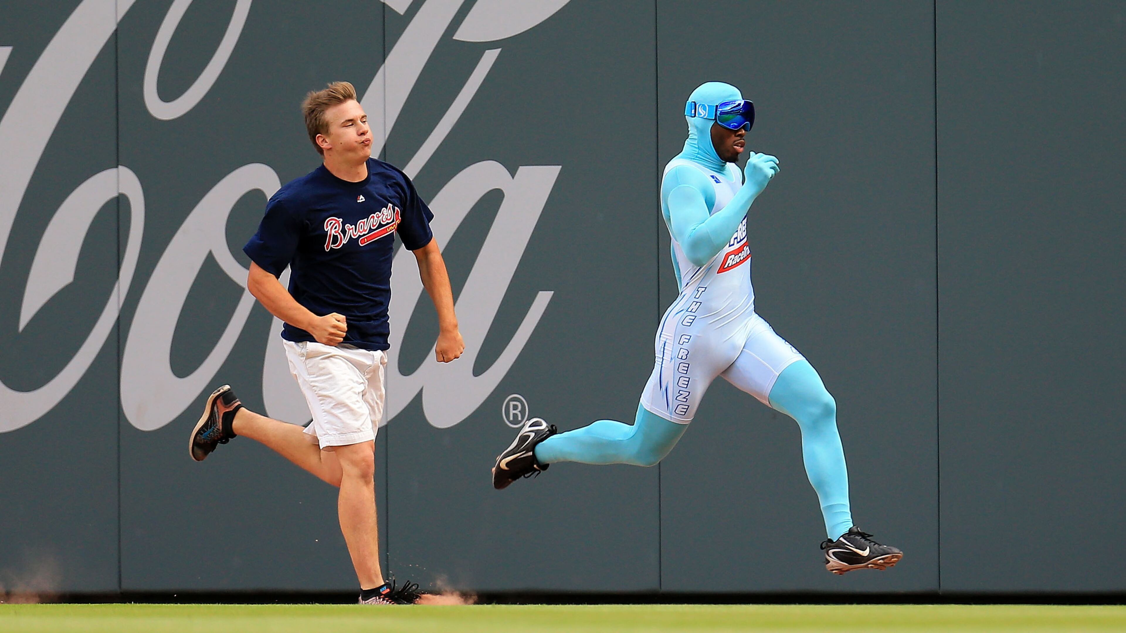 The Freeze races a fan in between innings during a game between the Atlanta Braves and the New York Mets at SunTrust Park on June 10, 2017 in Atlanta.